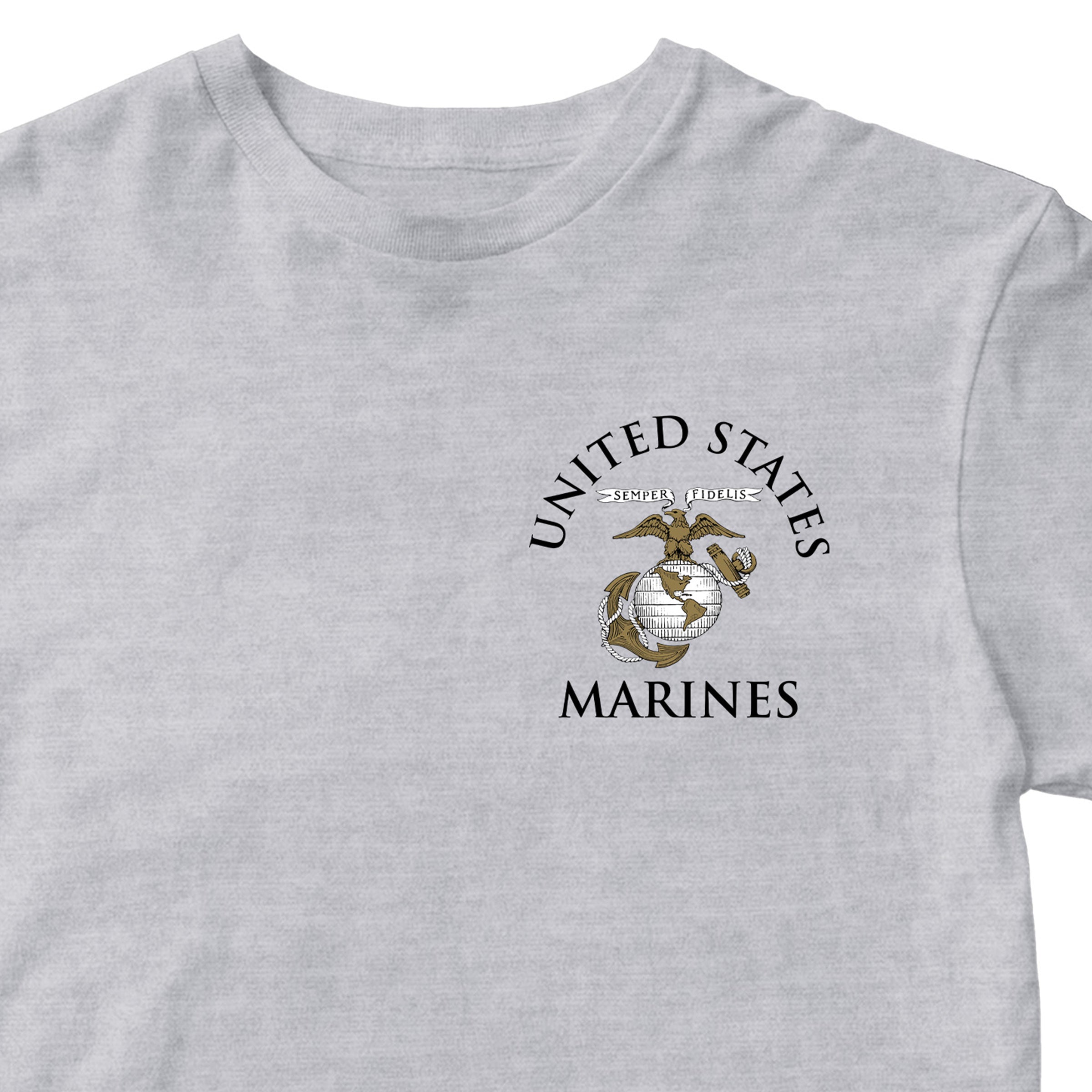 Gray Marine Corps tee featuring United States Marines text and EGA emblem chest seal