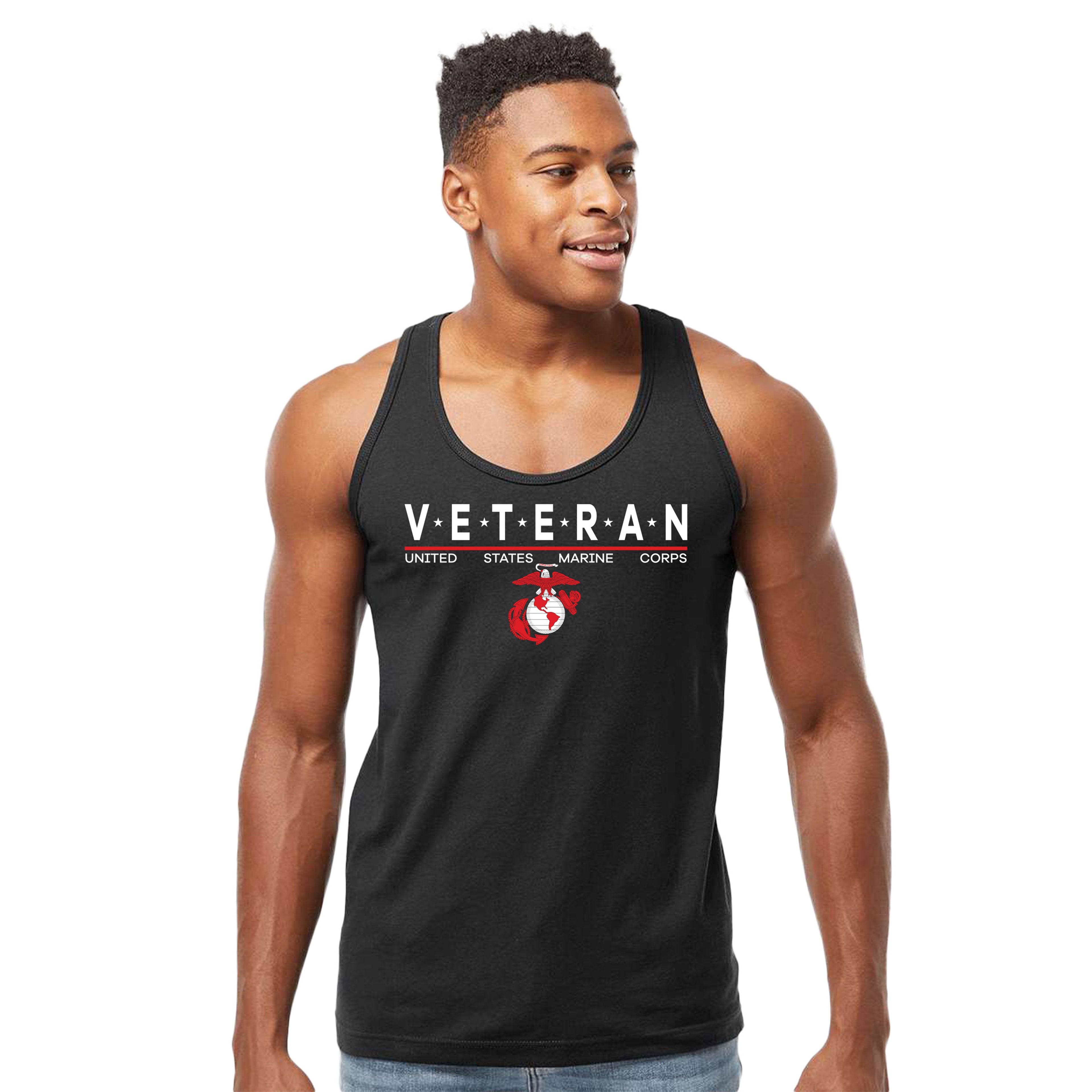 Men’s USMC Veteran tank top with white 'VETERAN' text accented by stars, red Eagle Globe and Anchor emblem, and 'United States Marine Corps' line underneath.