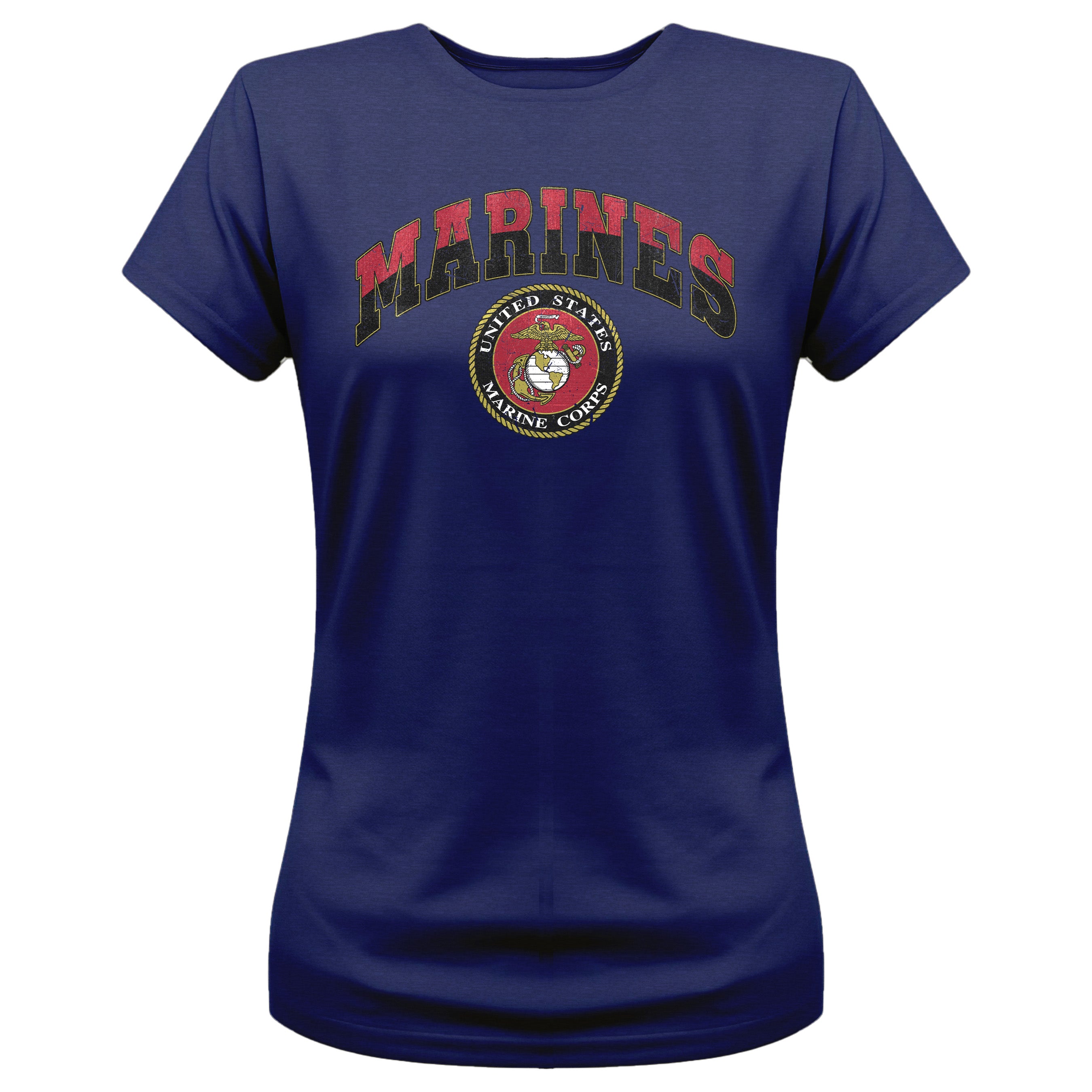 Women’s navy USMC t-shirt with vintage red and gold 'MARINES' text and full-color United States Marine Corps seal, patriotic military shirt for female Marines and supporters.