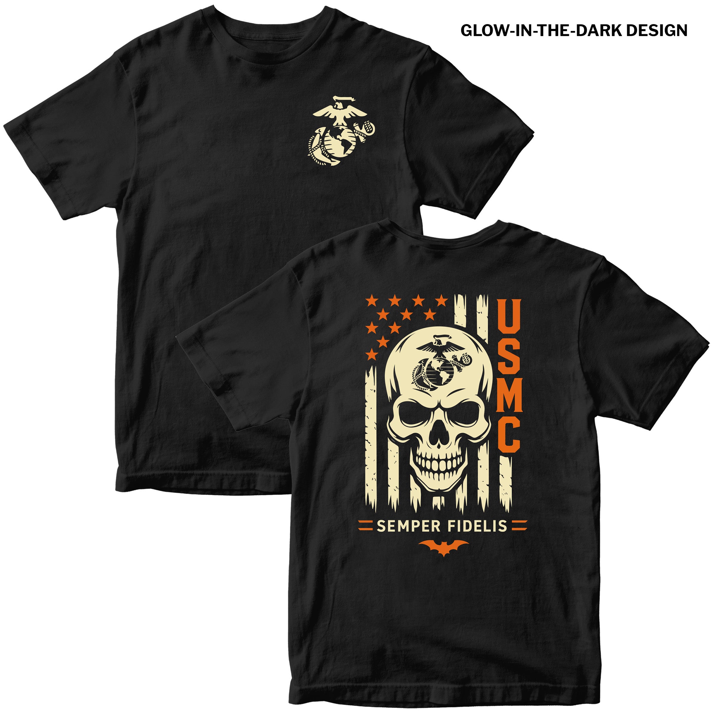 Black USMC Halloween T-shirt with glow-in-the-dark EGA and skull design, orange USMC lettering, and Semper Fidelis graphic