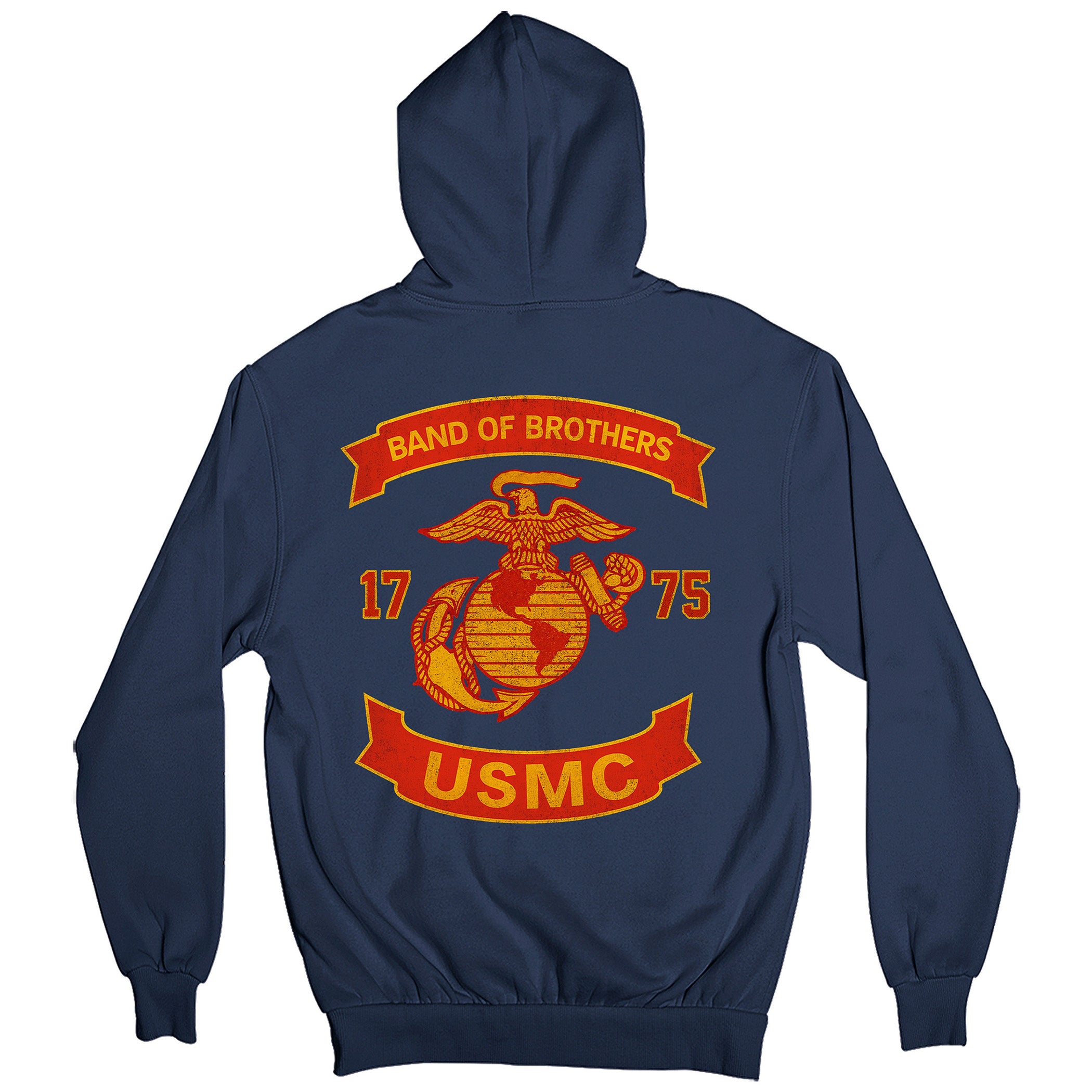 Navy Blue USMC Hoodie with large motorcycle club–style back graphic reading ‘Band of Brothers,’ ‘1775,’ and ‘USMC. Marines Motorcycle Hoodie