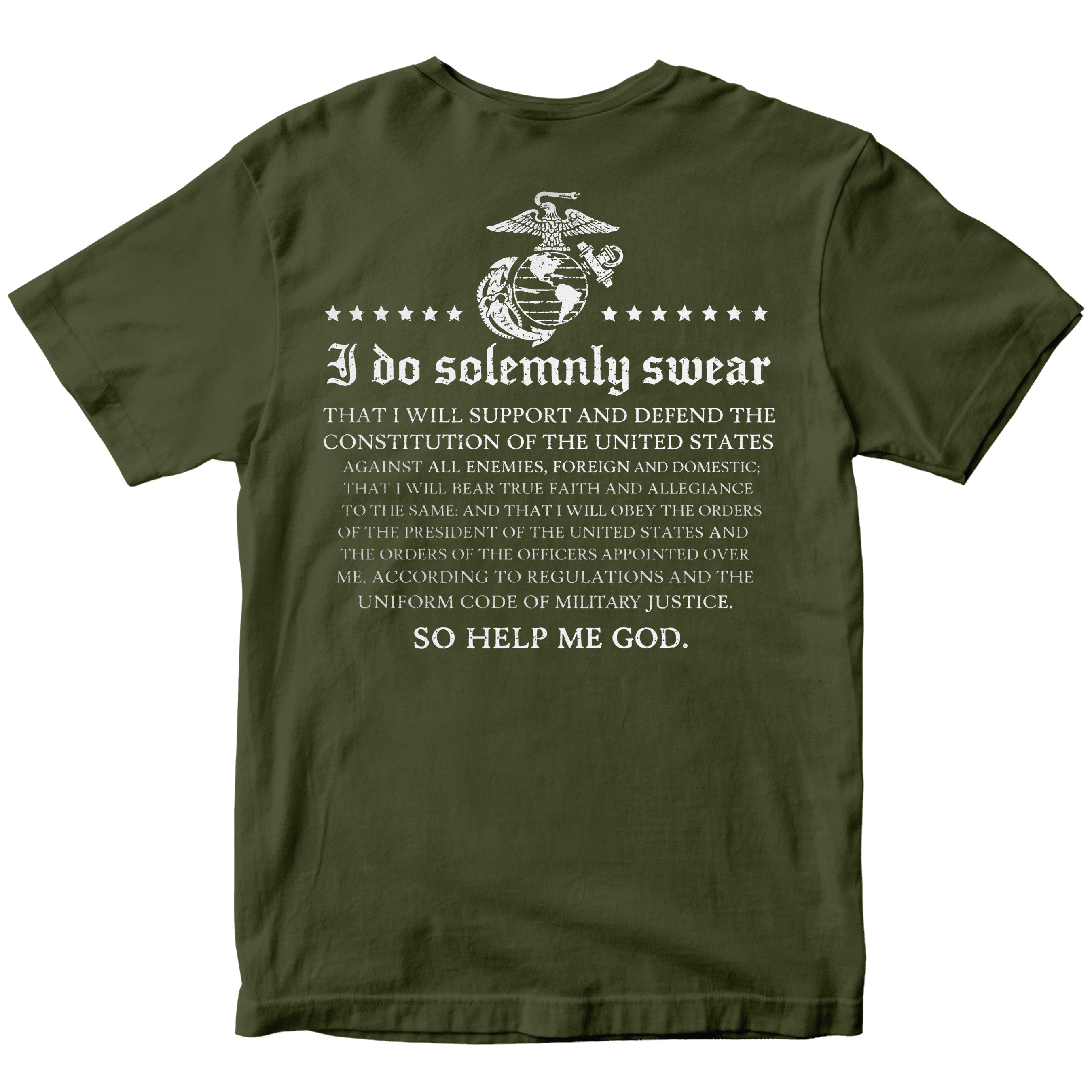 Green USMC Oath of Enlistment T-shirt with full oath text.