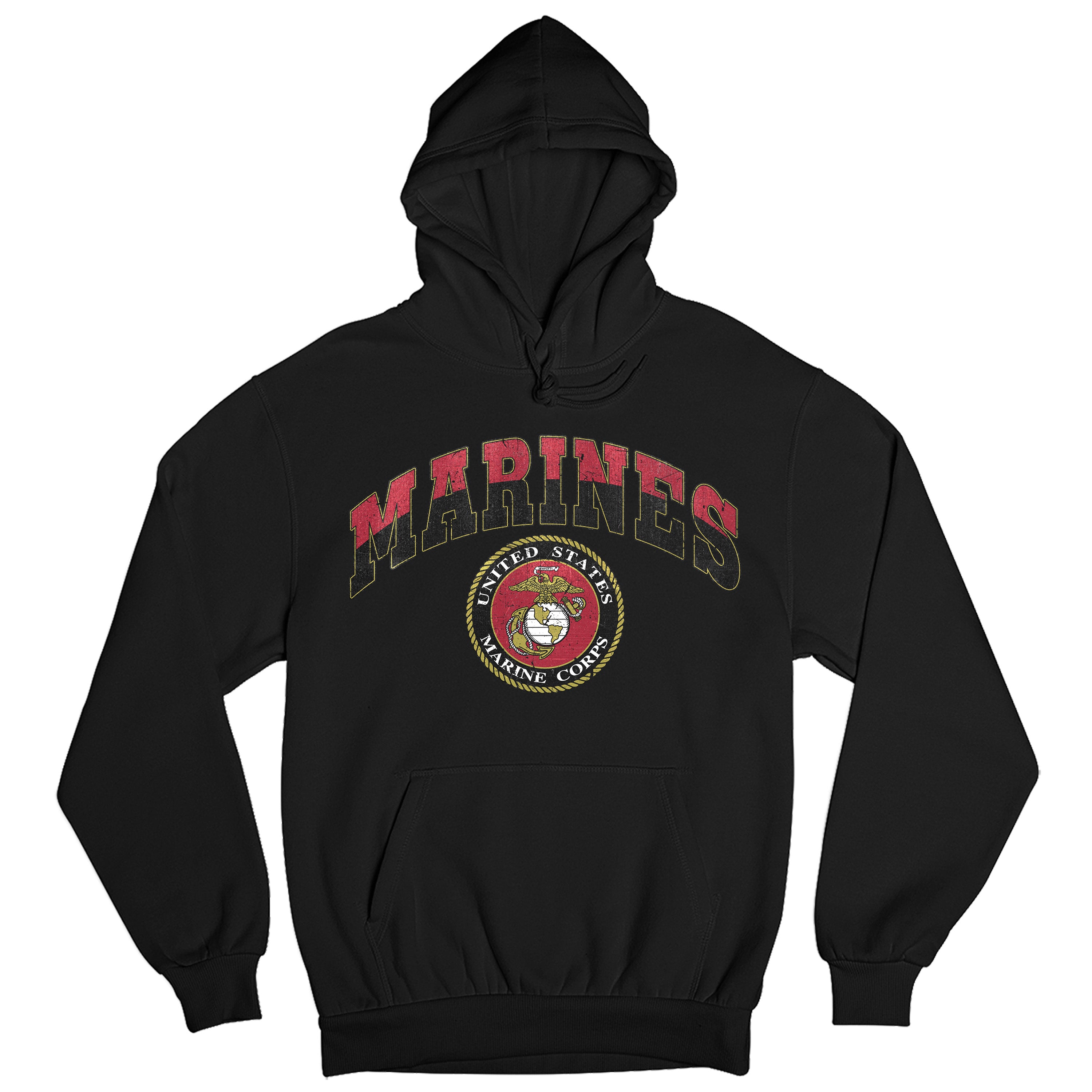 black USMC hoodie with vintage red and gold 'MARINES' text and full-color United States Marine Corps seal, patriotic military hoodie for Marines