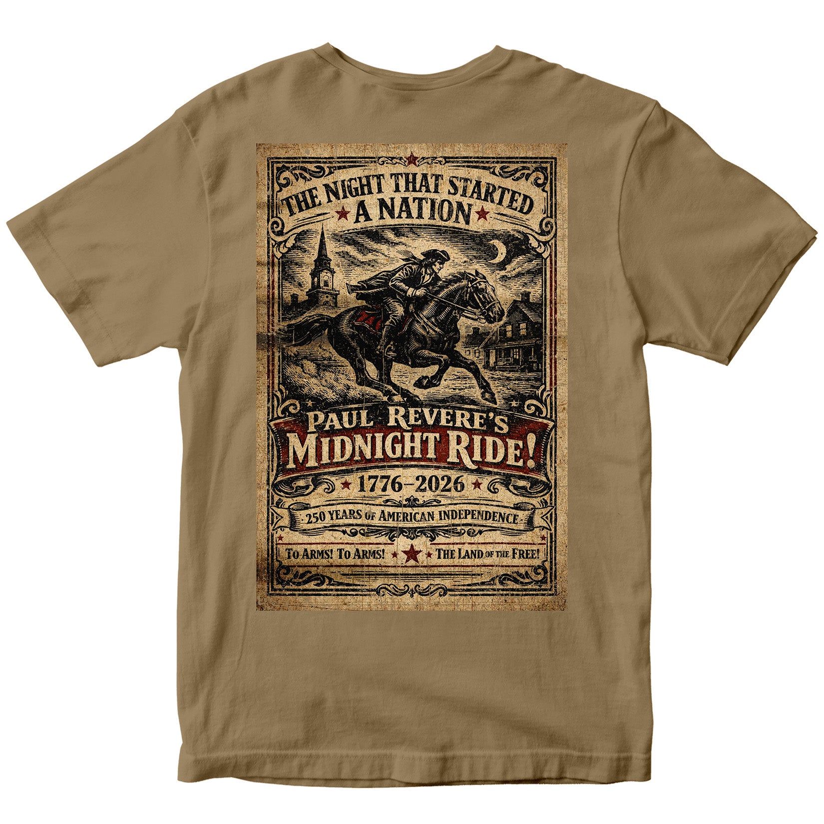American independence T-shirt featuring Paul Revere’s Midnight Ride. America's 250th Birthday Tee. USA 250th Anniversary T-Shirt