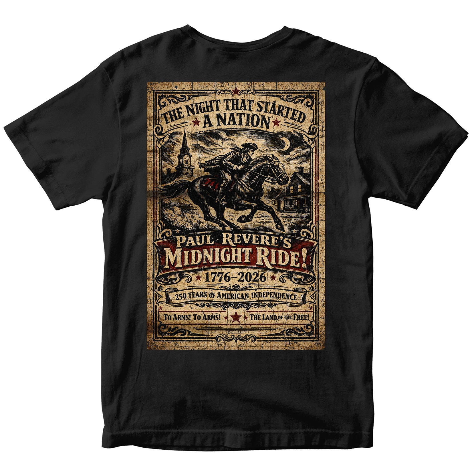 American independence T-shirt featuring Paul Revere’s Midnight Ride. America's 250th Birthday Tee. USA 250th Anniversary T-Shirt