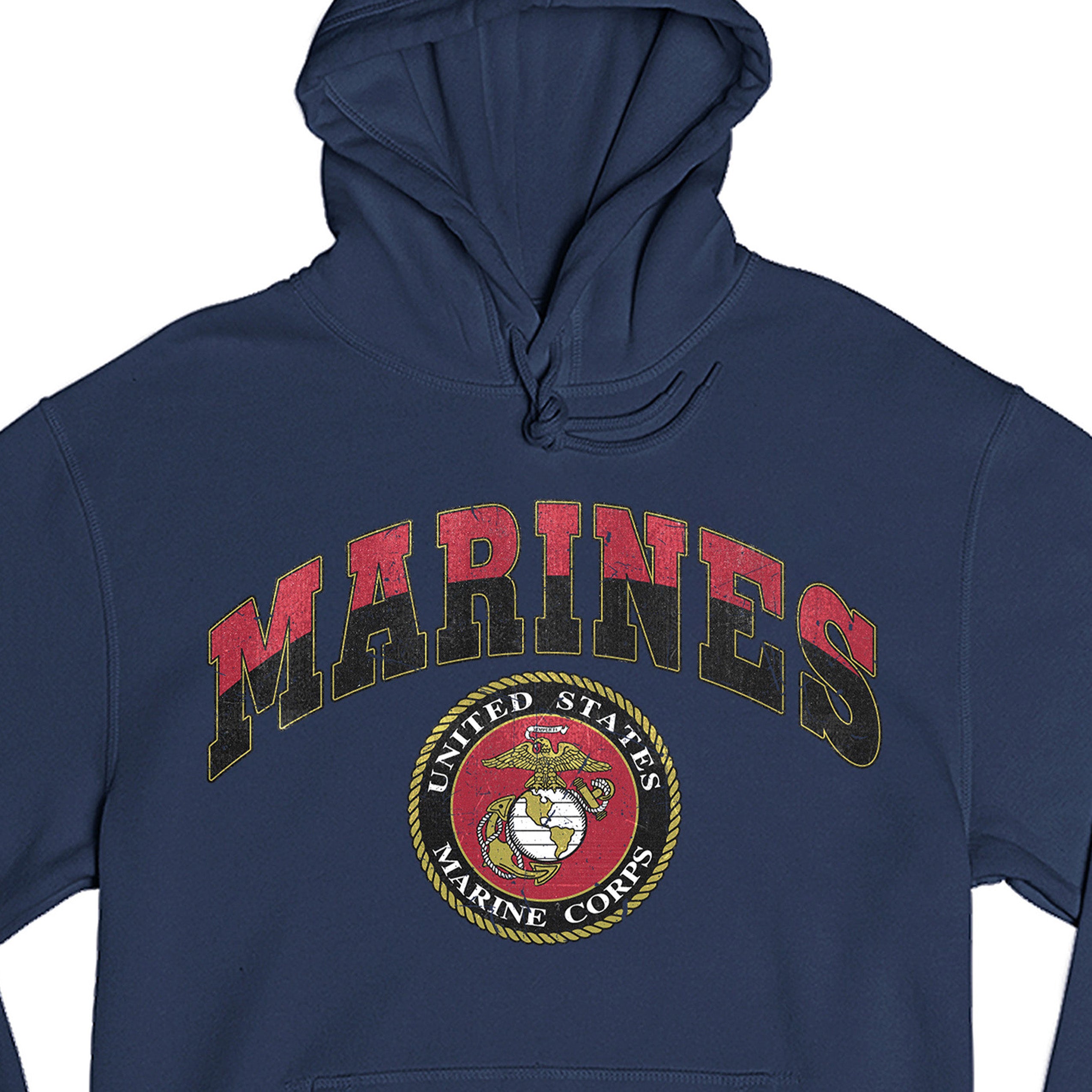 Navy USMC hoodie with vintage red and gold 'MARINES' text and full-color United States Marine Corps seal, patriotic military hoodie for Marines