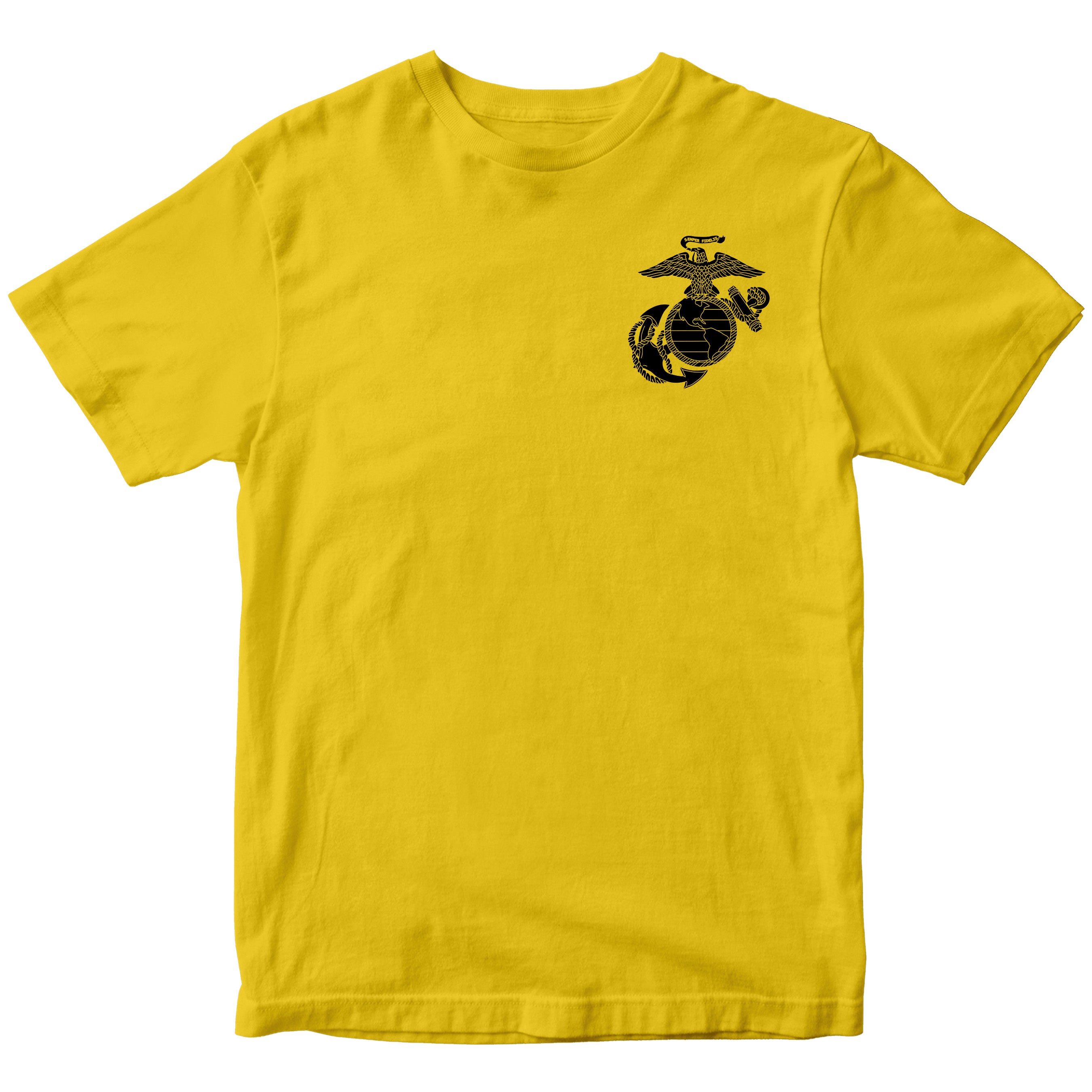 Marines vintage EGA chest seal T-shirt with Eagle Globe and Anchor cotton tee. Gold USMC Tee