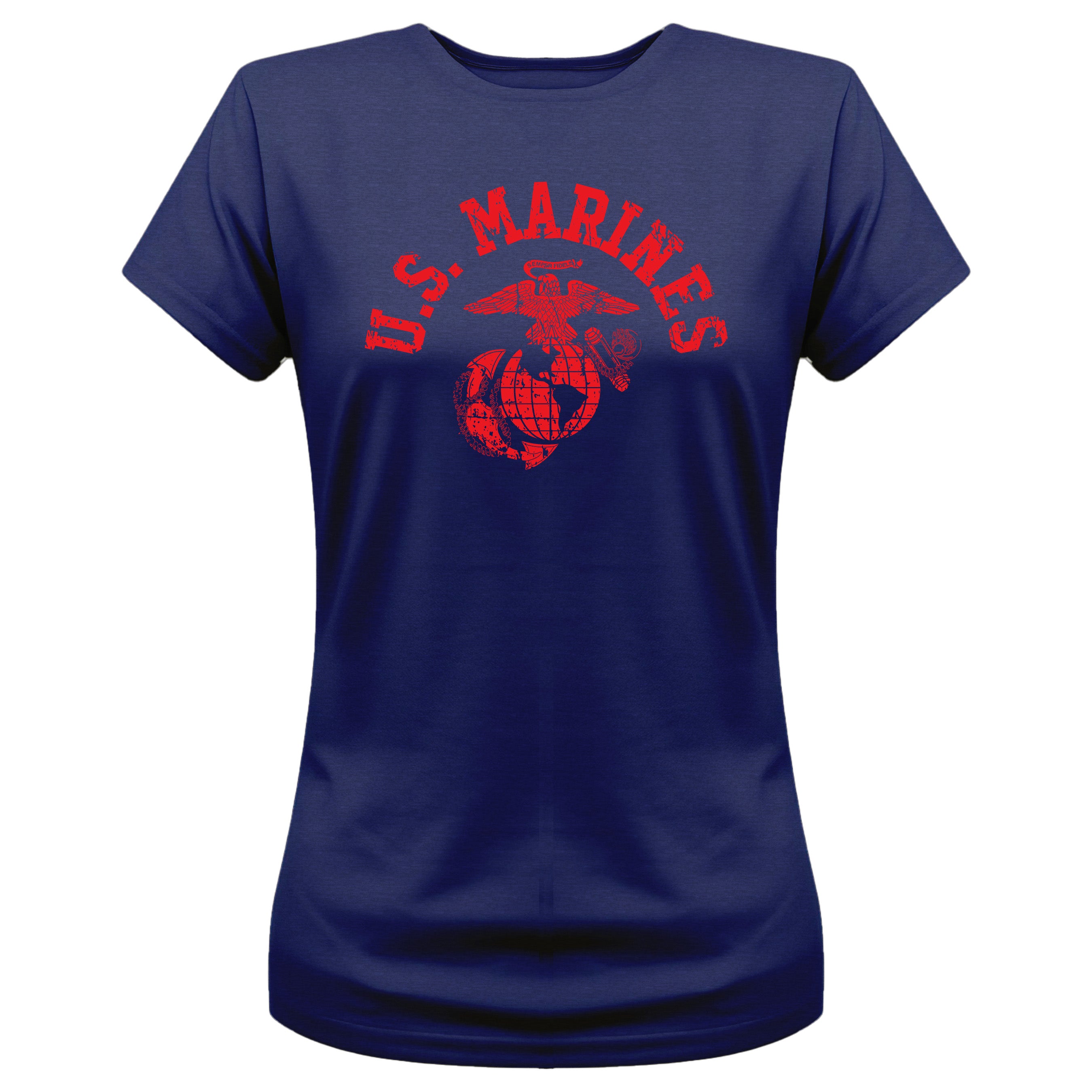 Women’s navy U.S. Marines t-shirt with bold red distressed 'U.S. MARINES' text and vintage Eagle, Globe, and Anchor emblem