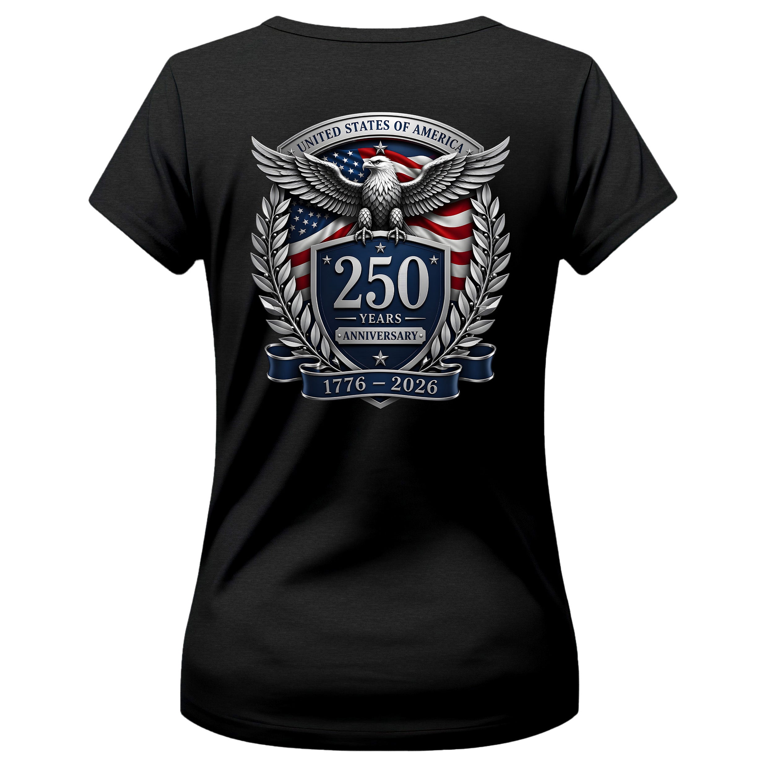 Women’s America 250th birthday patriotic T-shirt with eagle crest and American flag.