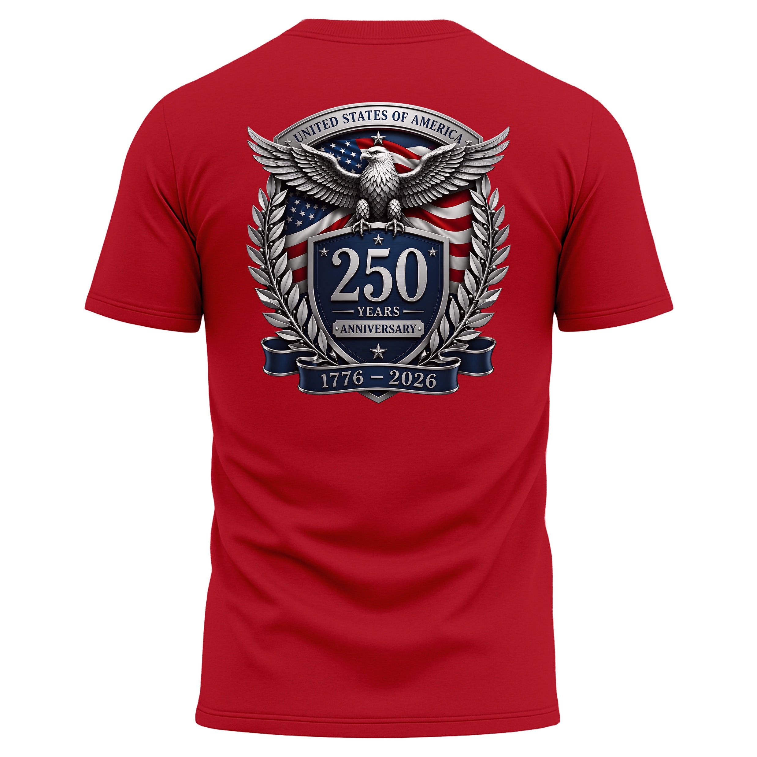 America 250th birthday performance T-shirt with American flag back print. America's 250th anniversary tee. USA 250 Years patriotic red T-shirt.