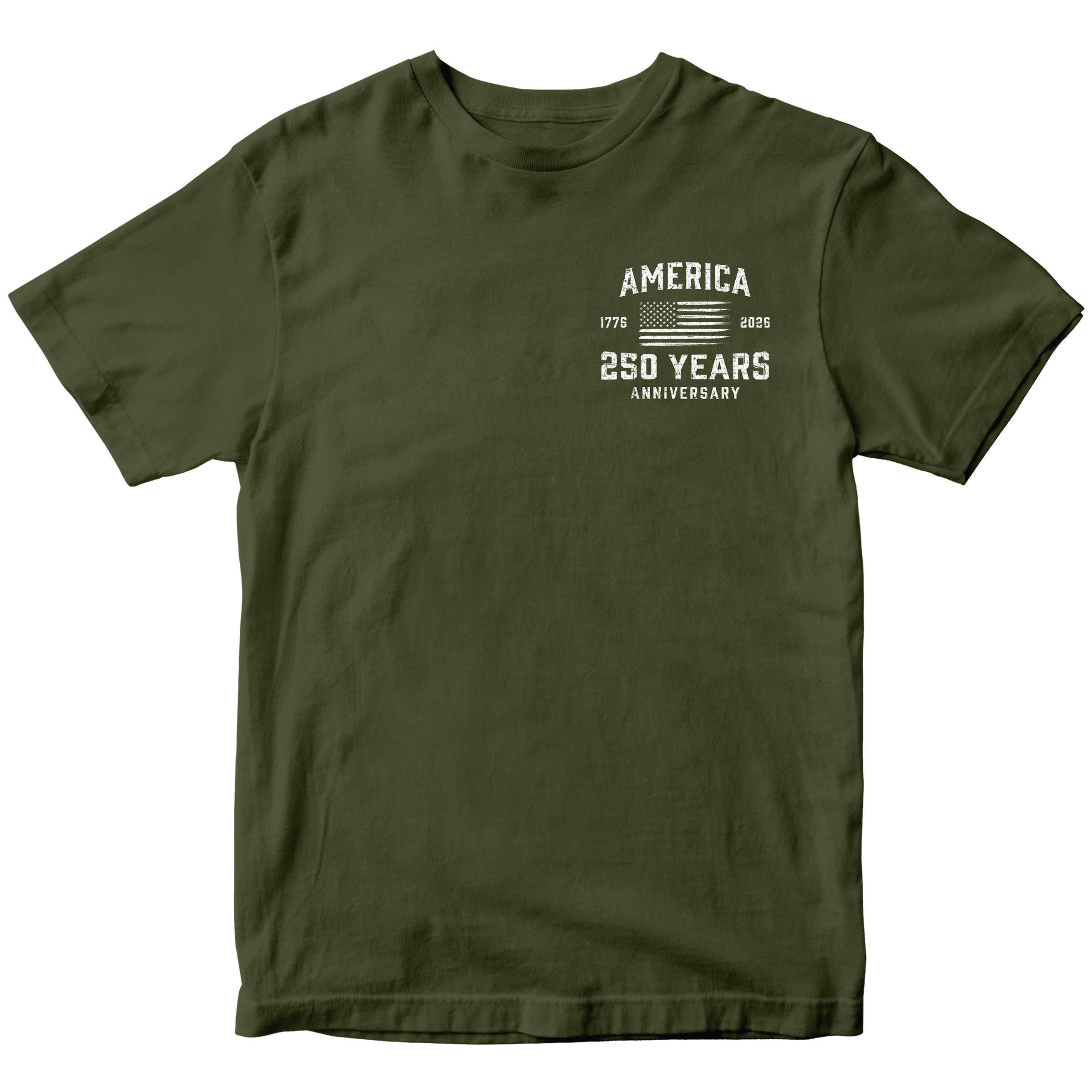 America 250 Years 1776 2026 T-shirt with American flag chest seal design. Patriotic green T-shirt celebrating 250 years of American independence