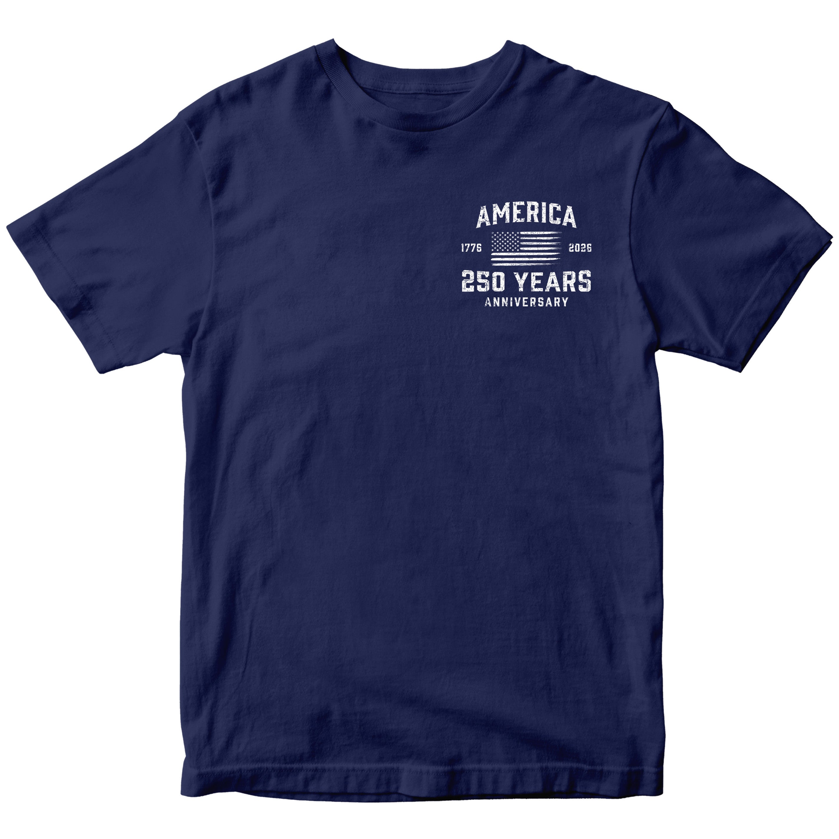 America 250 Years 1776 2026 T-shirt with American flag chest seal design. blue Patriotic T-shirt celebrating 250 years of American independence