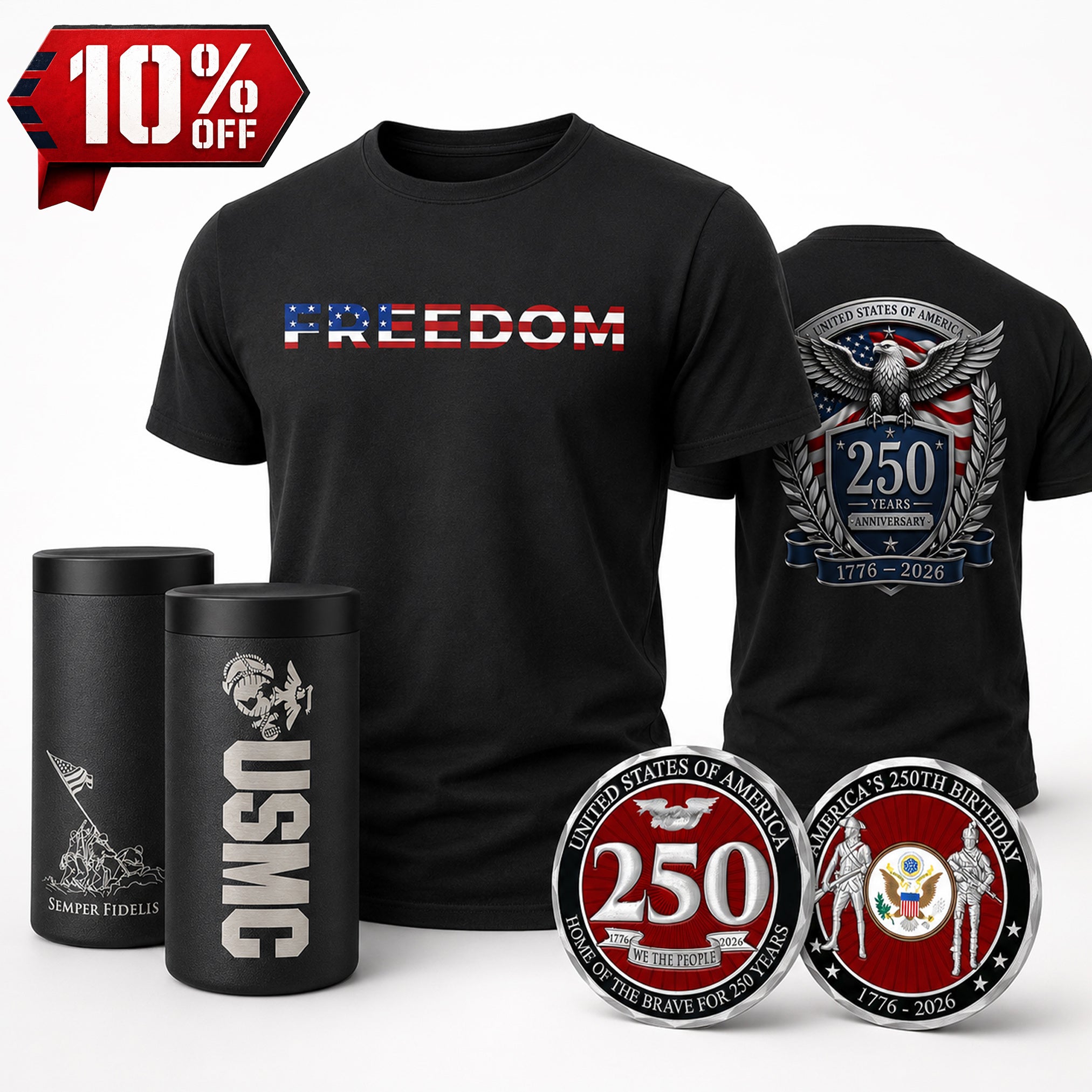 America’s 250th Anniversary Bundle (Tee, Coin, USMC Can Cooler)