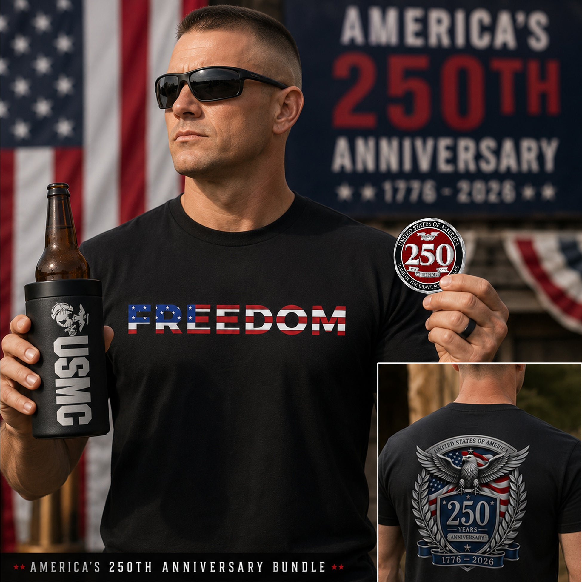 America’s 250th Anniversary Bundle (Tee, Coin, USMC Can Cooler)