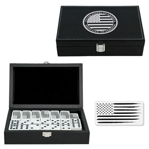 US Flag Double Nine Dominoes Set Black Leather Box