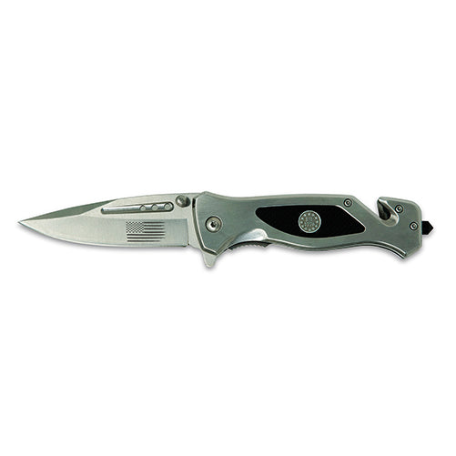 Silver Laser Engraved US Flag Tactical Rescue Knife