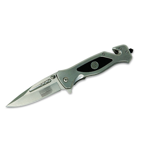 Silver Laser Engraved US Flag Tactical Rescue Knife