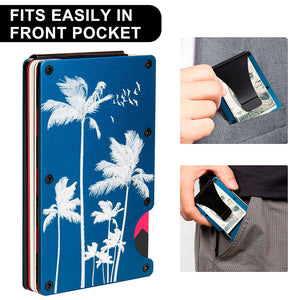 Blue Palm Tree Engraved RFID Blocking Metal Wallet