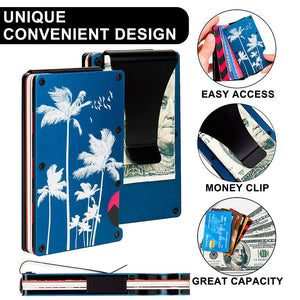 Blue Palm Tree Engraved RFID Blocking Metal Wallet