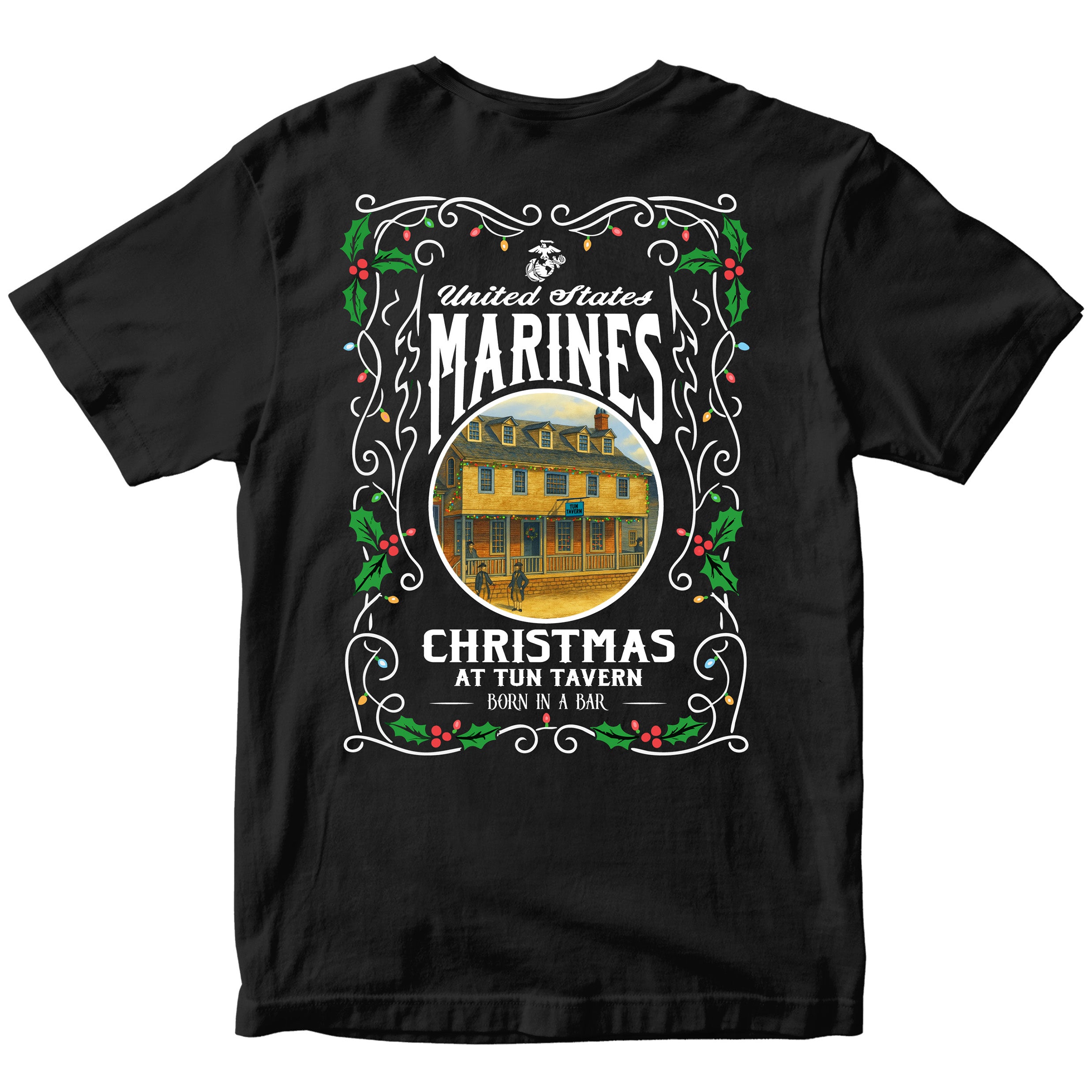 Black USMC Christmas T-shirt with ‘United States Marines – Christmas at Tun Tavern – Born in a Bar. Marines Christmas Tee