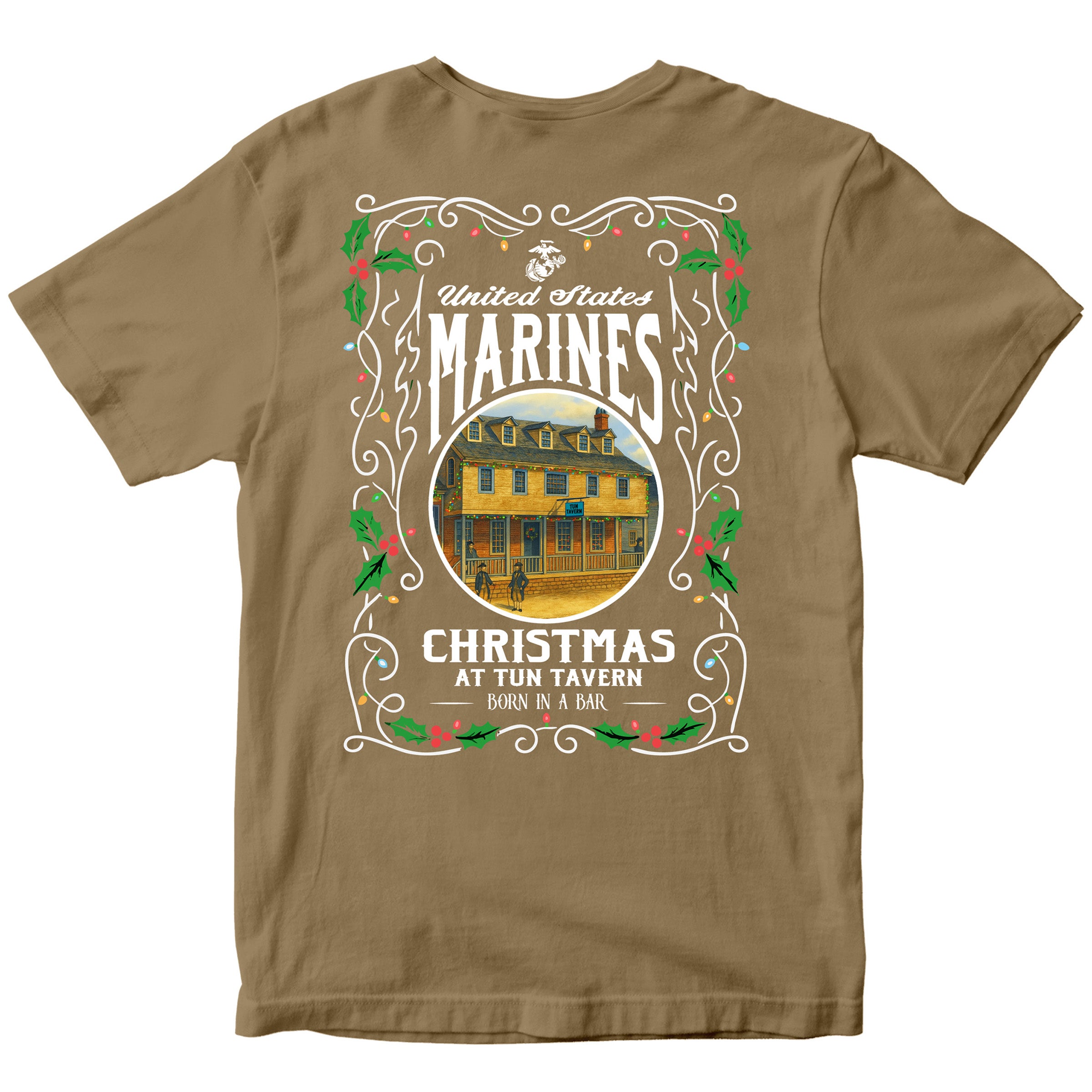 Brown USMC Christmas T-shirt with ‘United States Marines – Christmas at Tun Tavern – Born in a Bar. Marines Christmas Tee