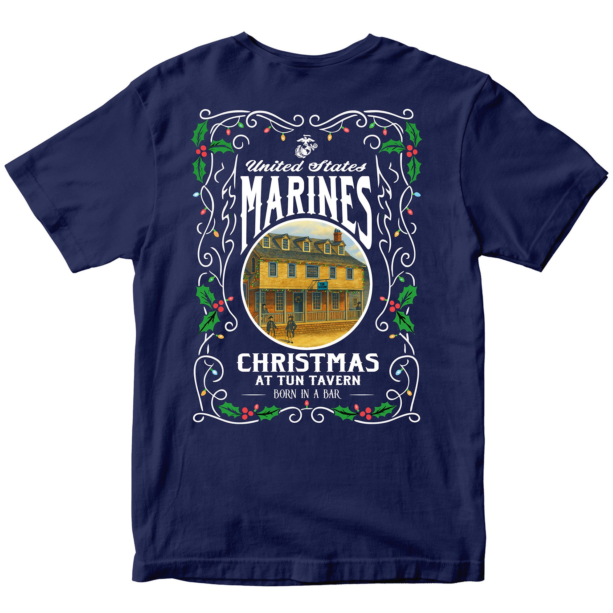 Navy USMC Christmas T-shirt with ‘United States Marines – Christmas at Tun Tavern – Born in a Bar. Marines Christmas Tee