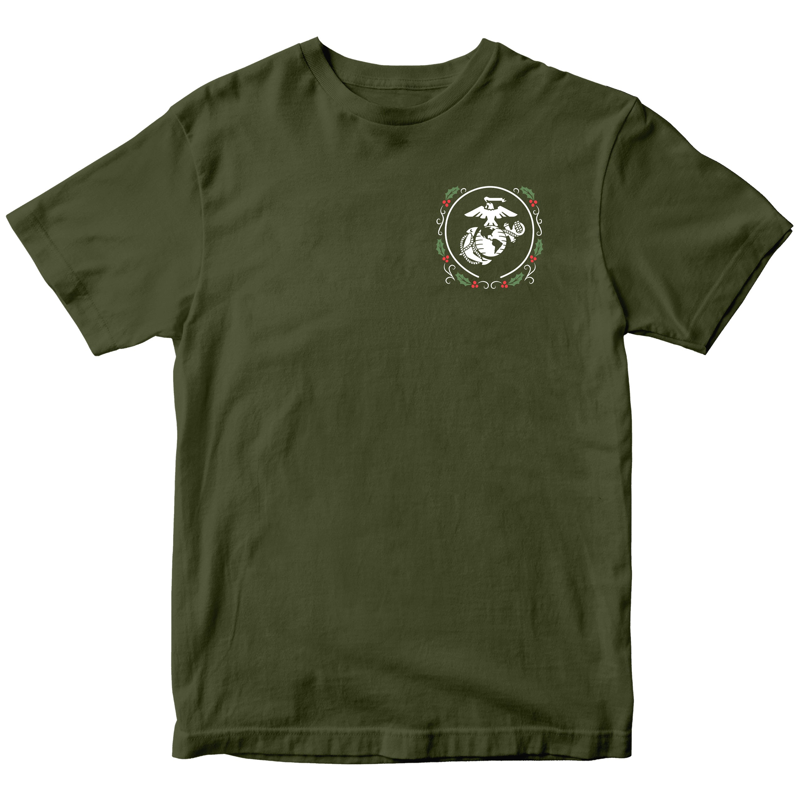 Green USMC Christmas T-shirt with christmas wreath EGA chest seal. Marines Holiday Tee