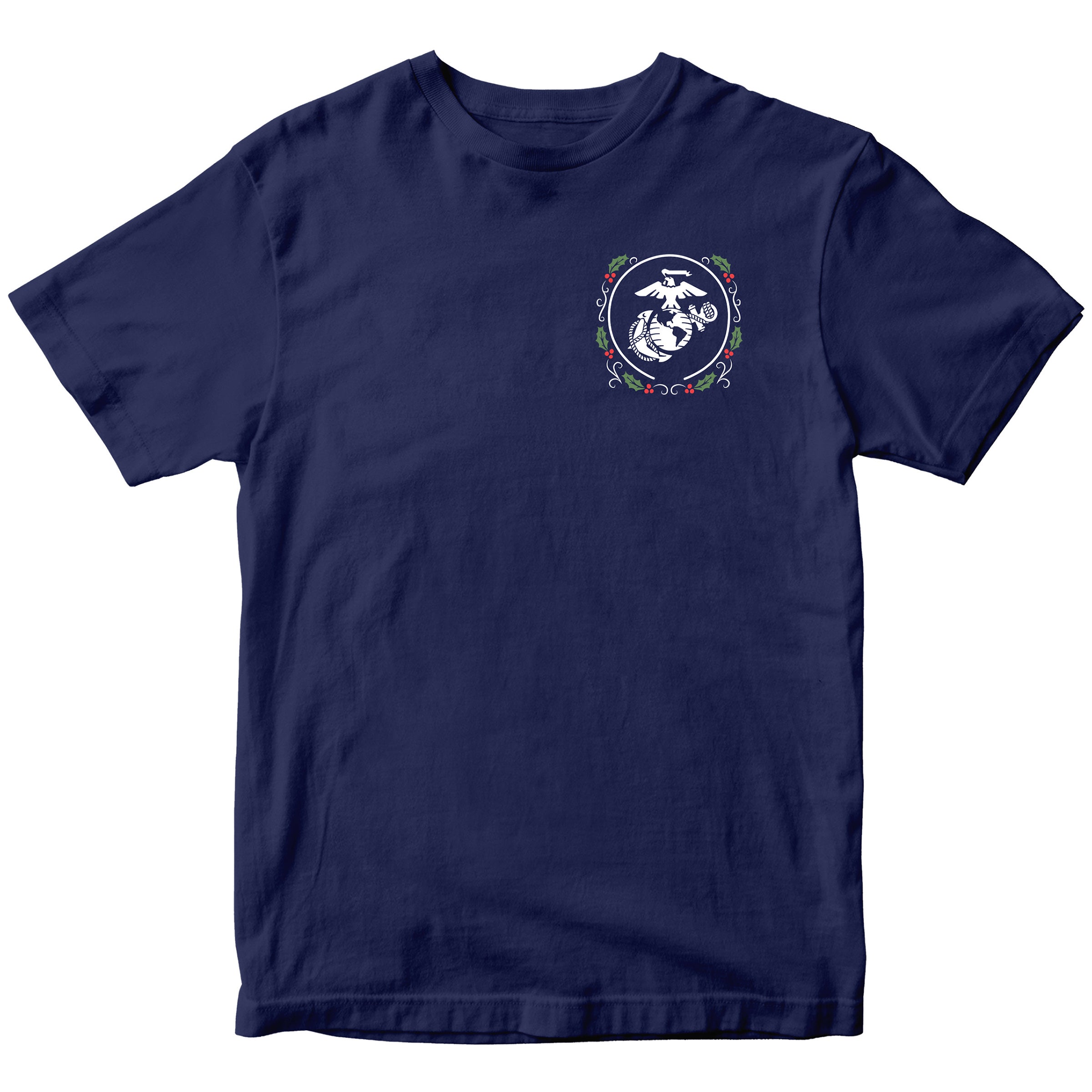Navy USMC Christmas T-shirt with christmas wreath EGA chest seal. Marines Holiday Tee