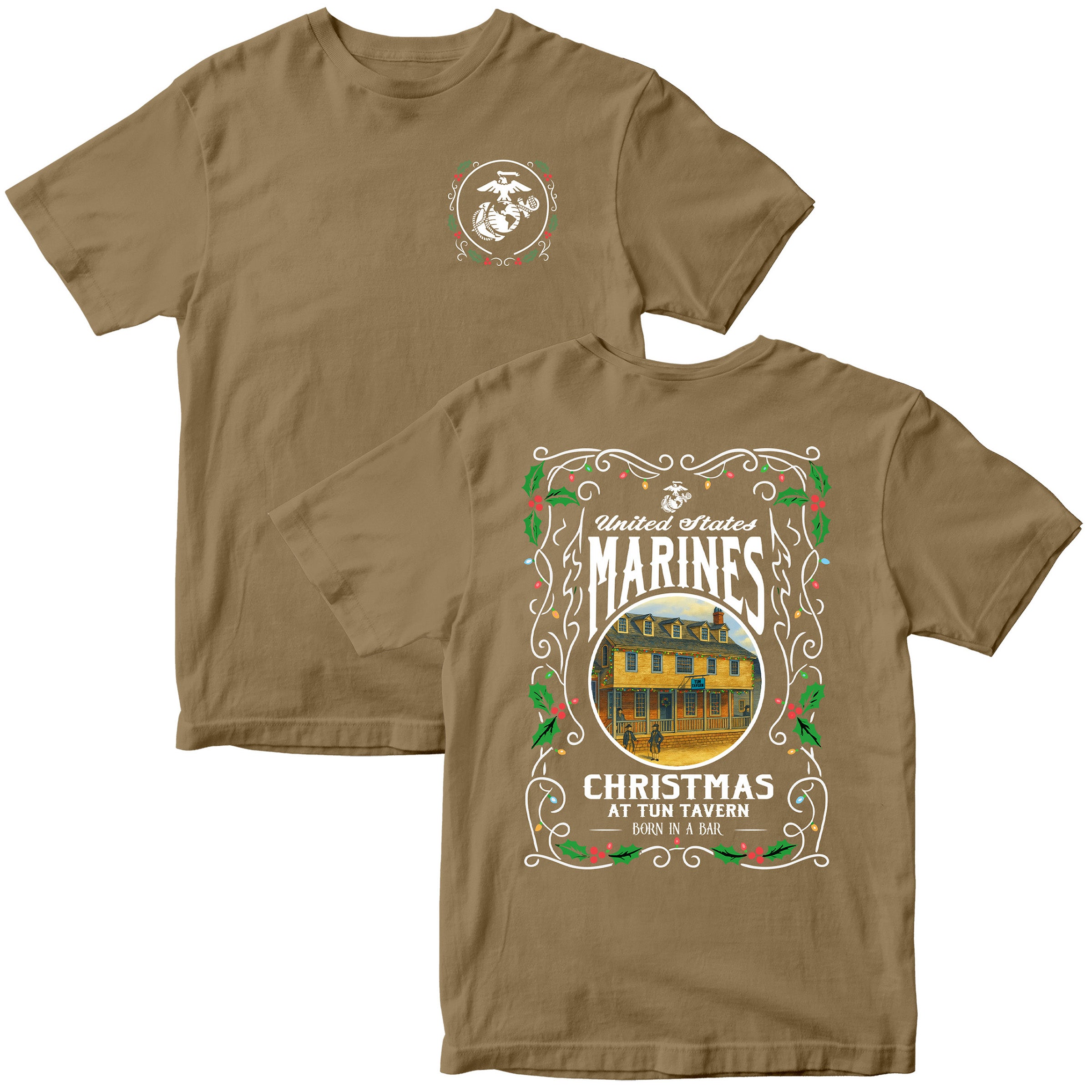 Brown USMC Christmas T-shirt with ‘United States Marines – Christmas at Tun Tavern – Born in a Bar. Marines Christmas Tee