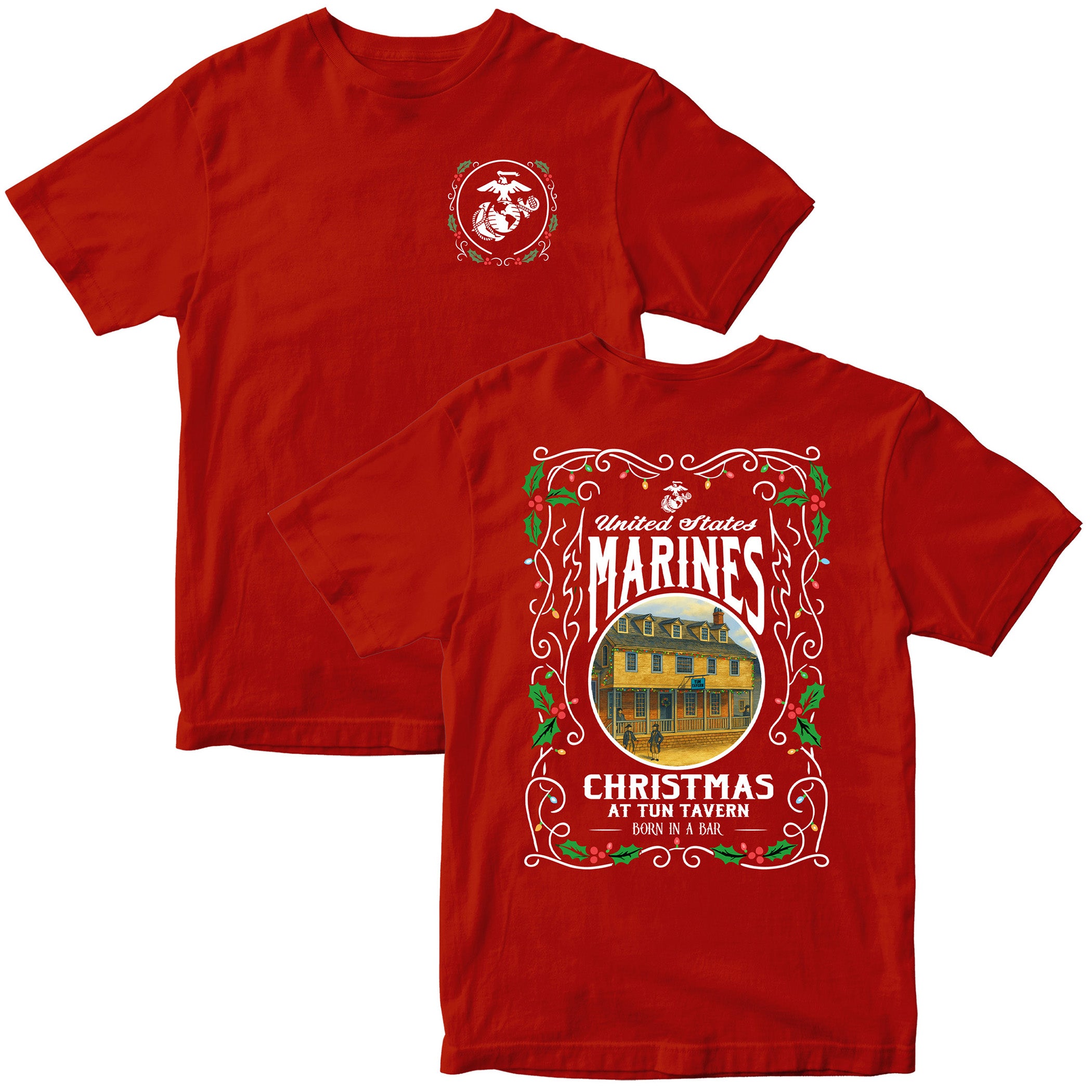 Red USMC Christmas T-shirt with ‘United States Marines – Christmas at Tun Tavern – Born in a Bar. Marines Christmas Tee