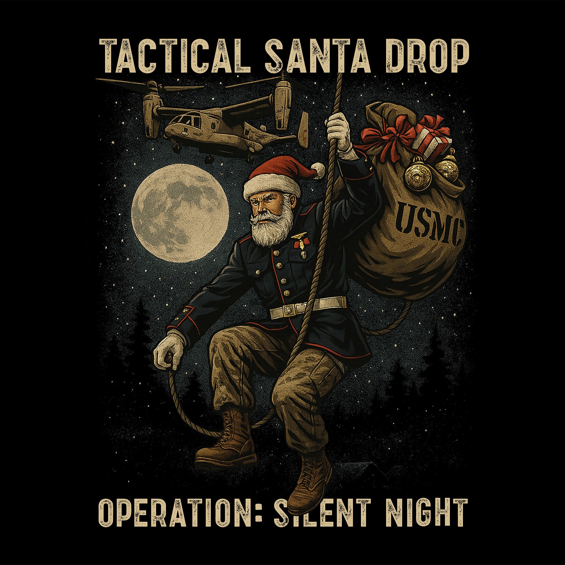USMC Christmas Tee. Marines Tactical Santa Drop T-shirt with Santa on back.
