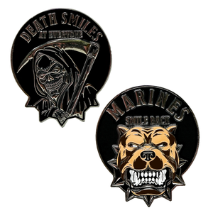 Death Smiles Coin, Death Smiles at everyone Marines smiles back, challenge coin, USMC, Marine Corps Challenge Coins, Semper Fi, Marine Corps