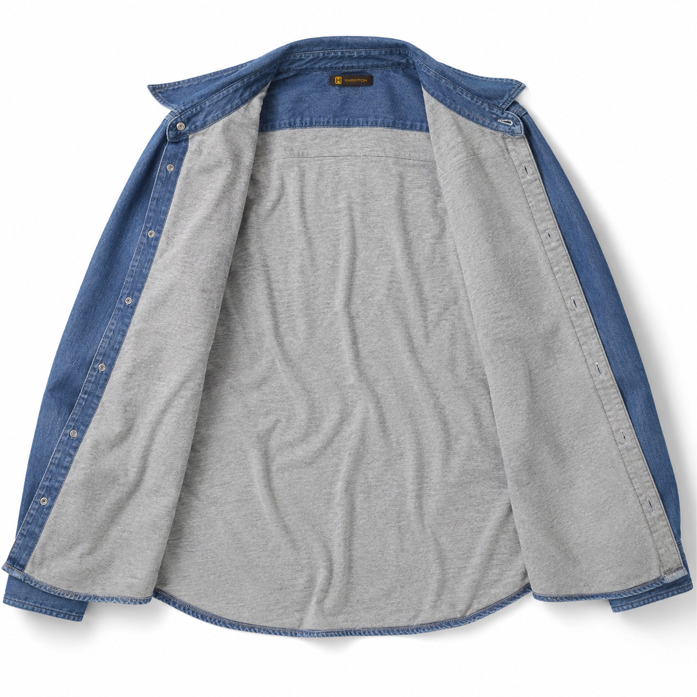 Interior of Marines denim shirt jacket showing soft gray 65/35 polyester-cotton jersey lining for added warmth and comfort.
