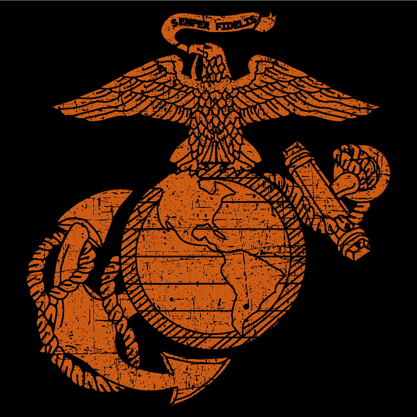 An orange distressed graphic of the United States Marine Corps Eagle, Globe, and Anchor emblem on a solid black background.