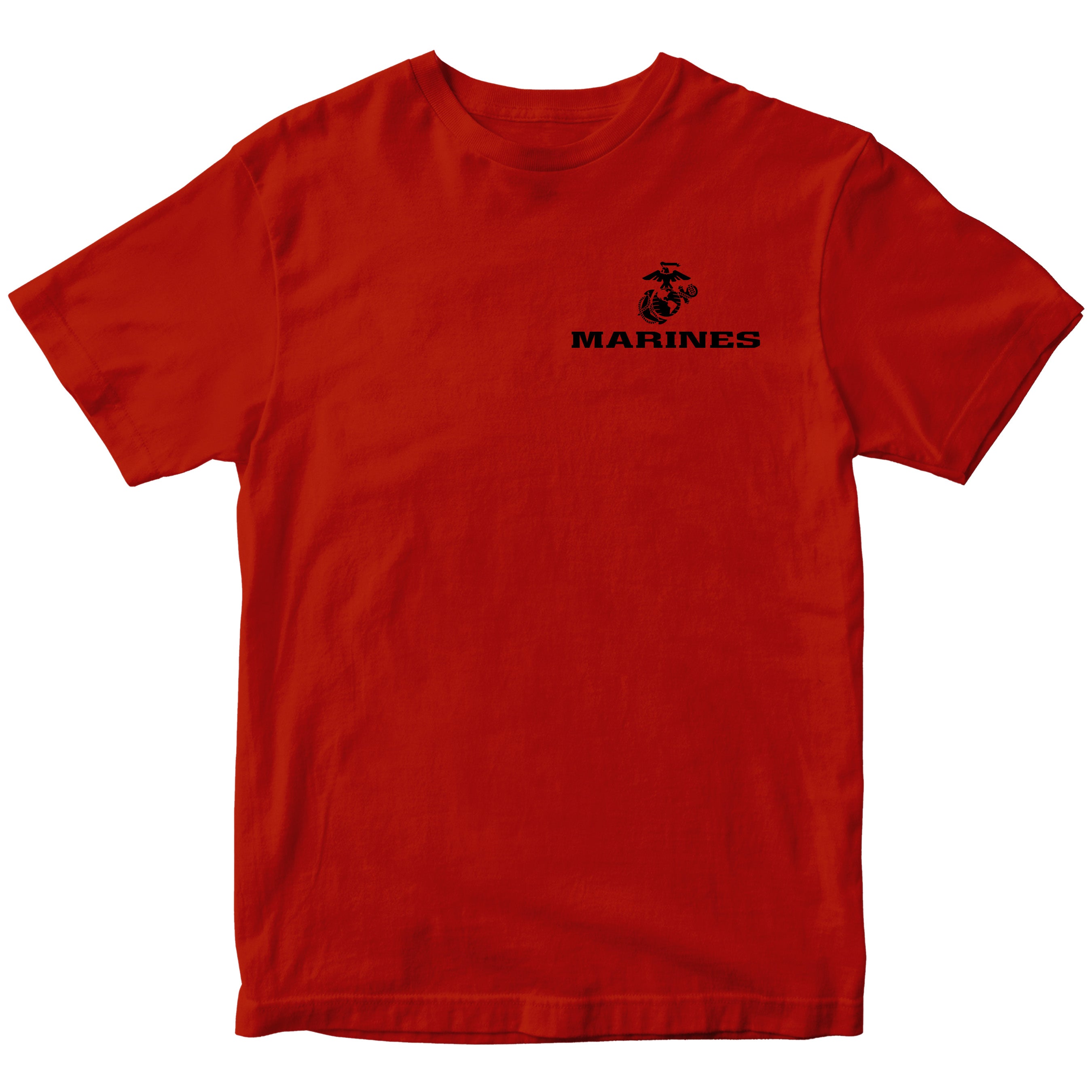 Red USMC t-shirt with Eagle Globe Anchor chest seal and MARINES text