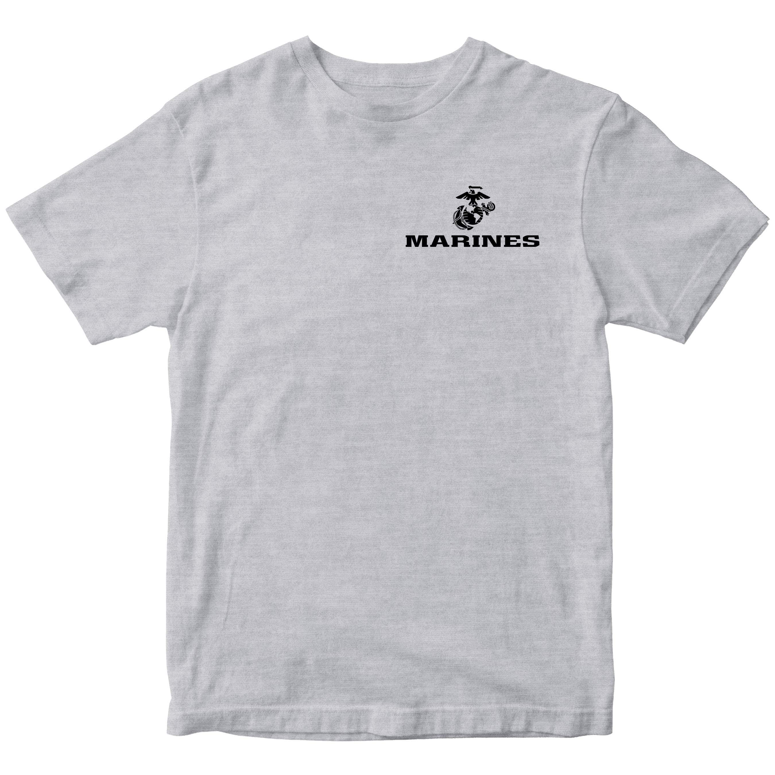 Gray USMC t-shirt with Eagle Globe Anchor chest seal and MARINES text