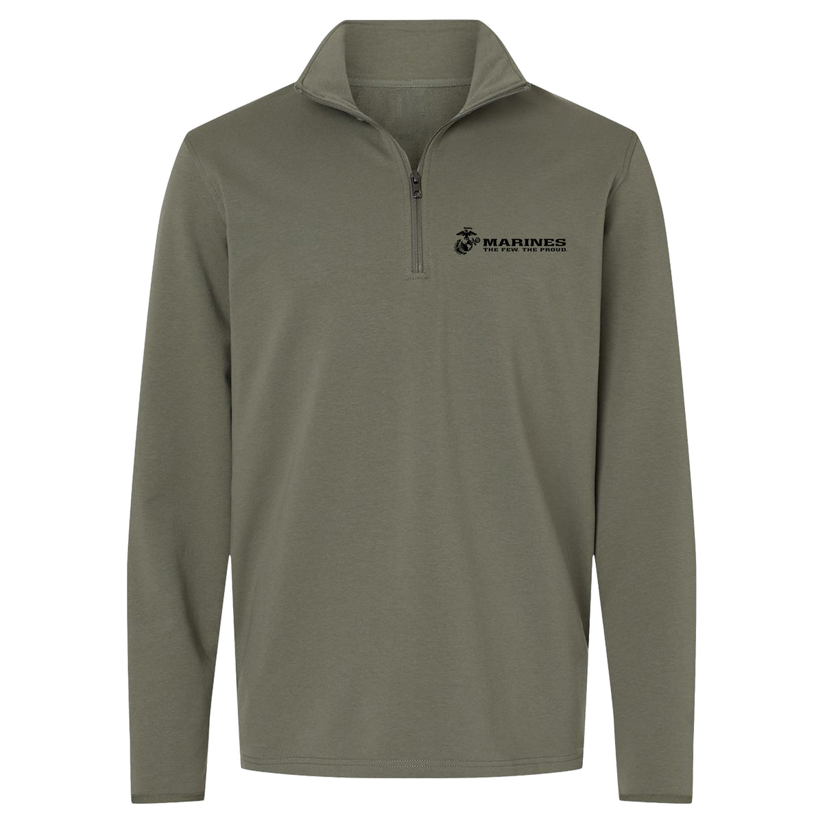 OD green Marines The Few The Proud performance quarter-zip pullover with black Eagle Globe and Anchor chest graphic