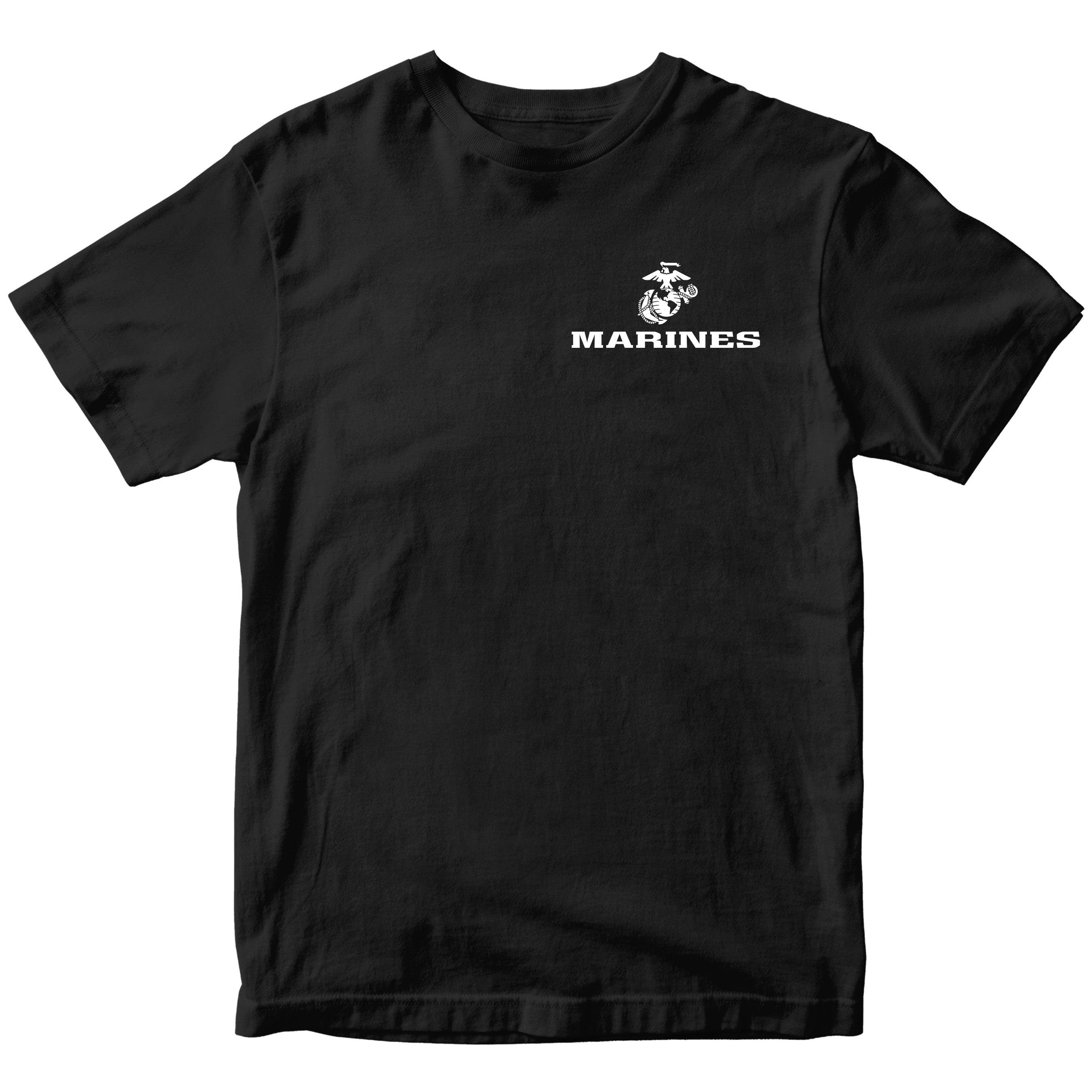 Black USMC t-shirt with Eagle Globe Anchor chest seal and MARINES text