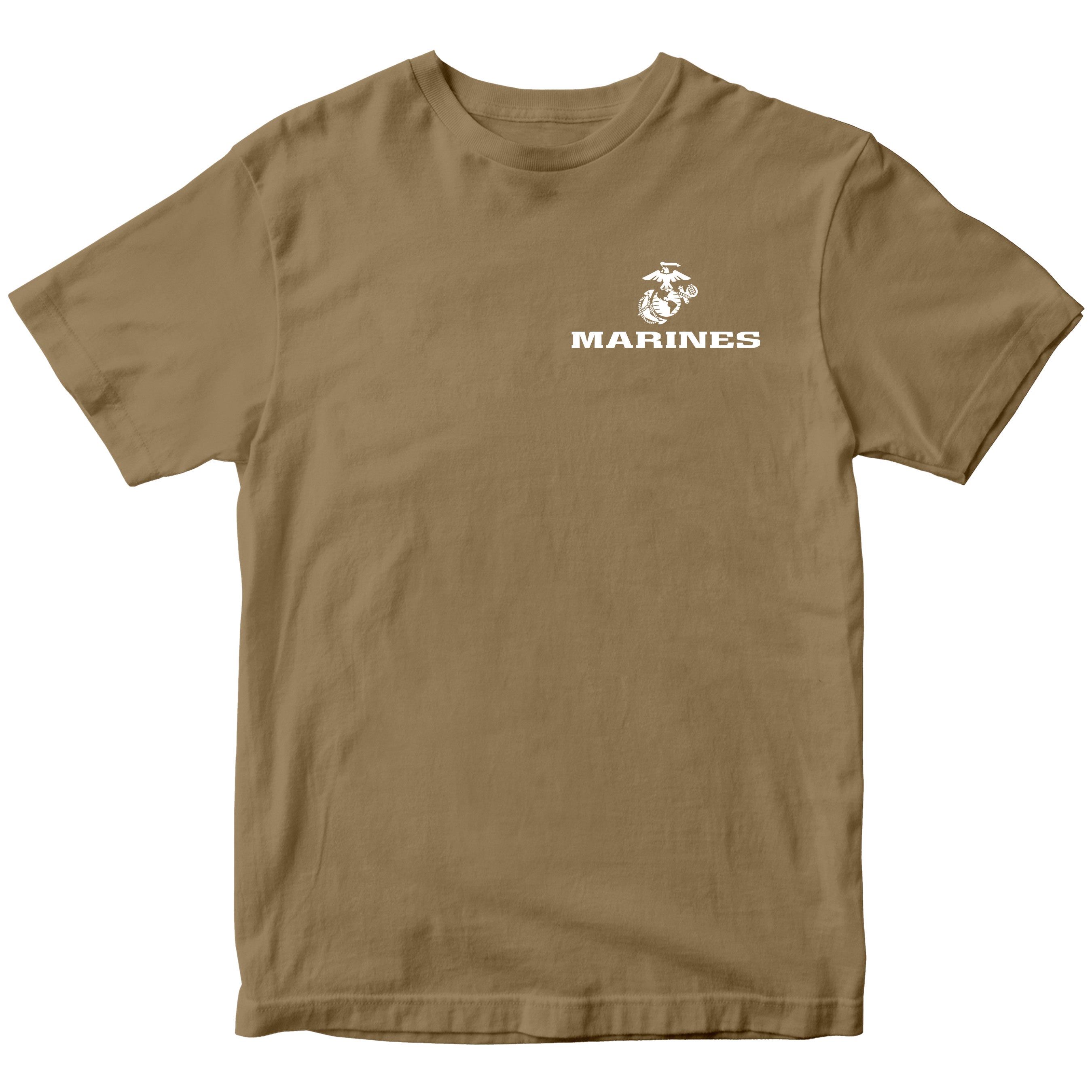 Brown USMC t-shirt with Eagle Globe Anchor chest seal and MARINES text