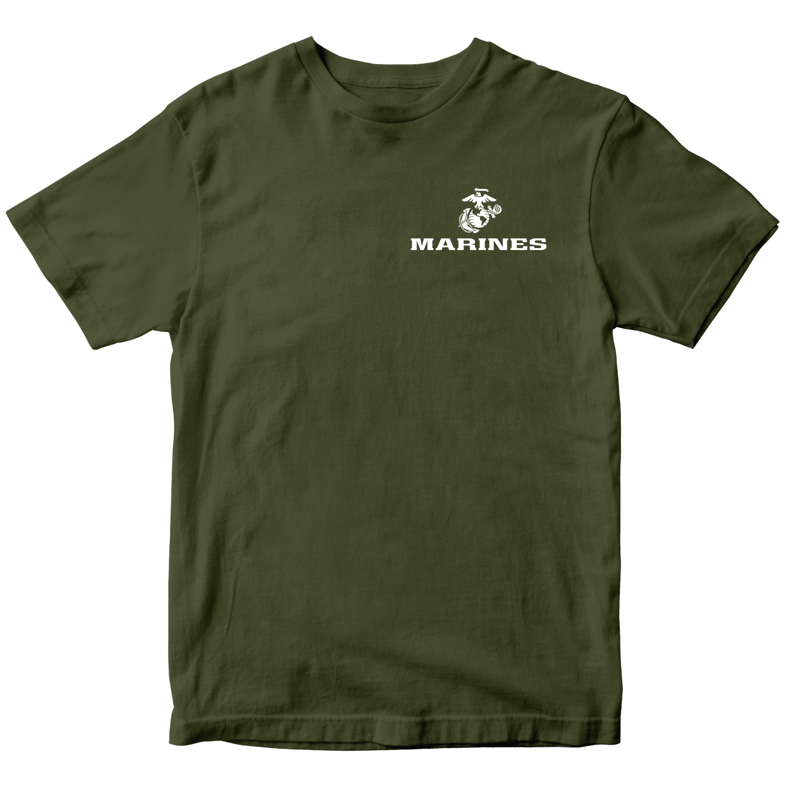 Green USMC t-shirt with Eagle Globe Anchor chest seal and MARINES text