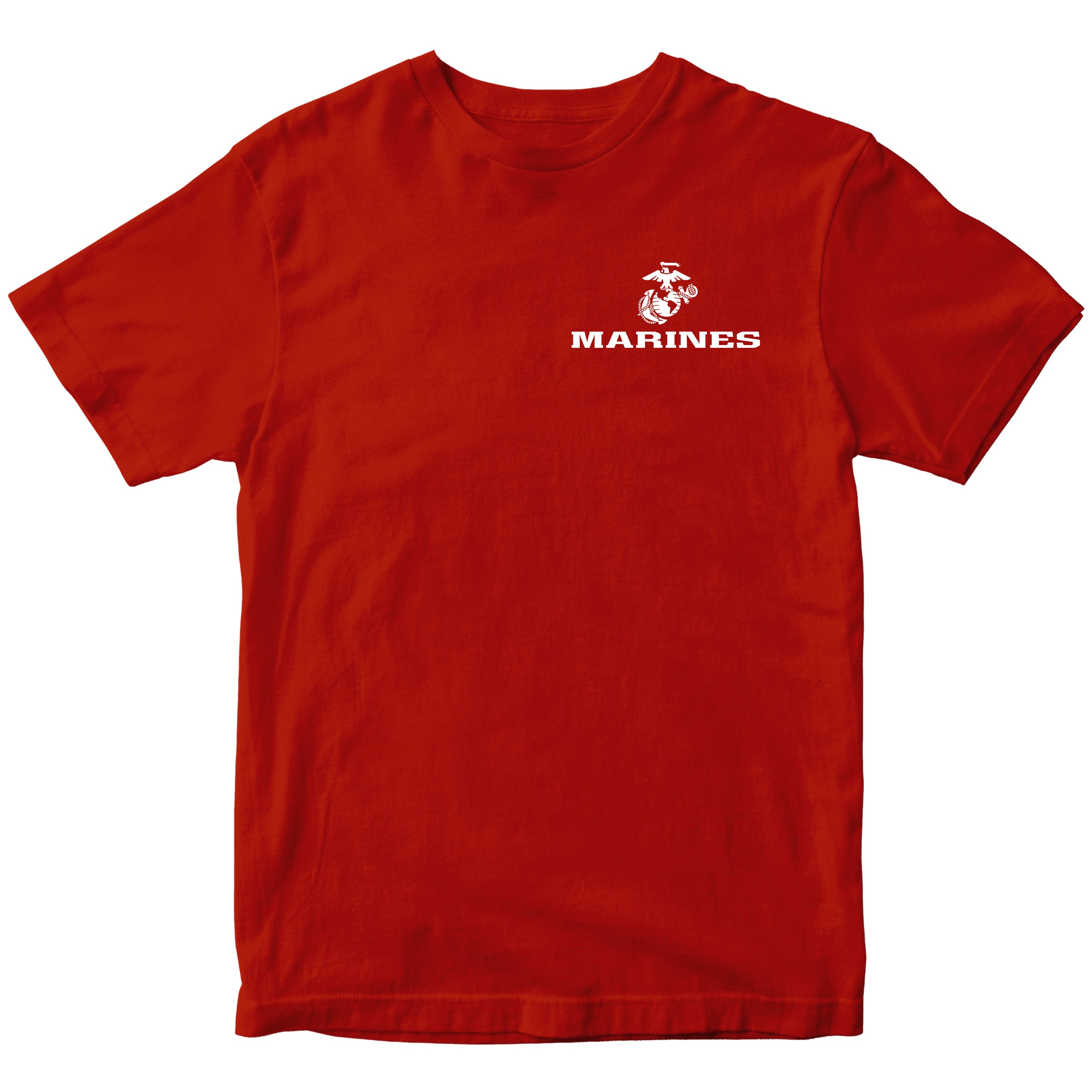 Red USMC t-shirt with Eagle Globe Anchor chest seal and MARINES text