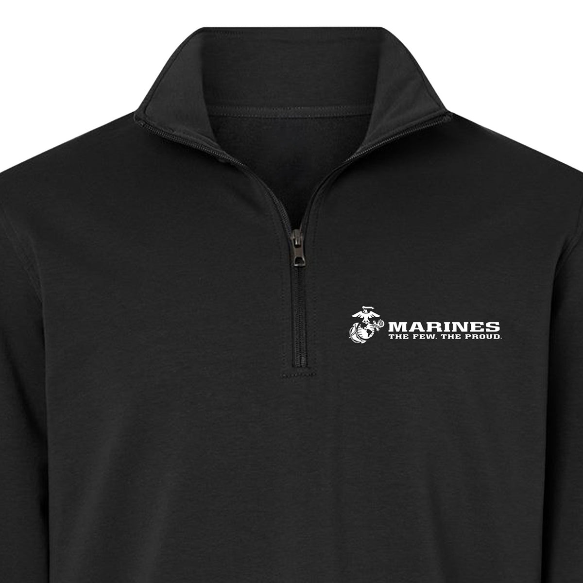 Black Marines The Few The Proud performance quarter-zip pullover with white Eagle Globe and Anchor chest graphic