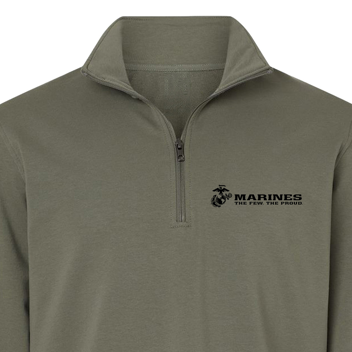 OD green Marines The Few The Proud performance quarter-zip pullover with black Eagle Globe and Anchor chest graphic
