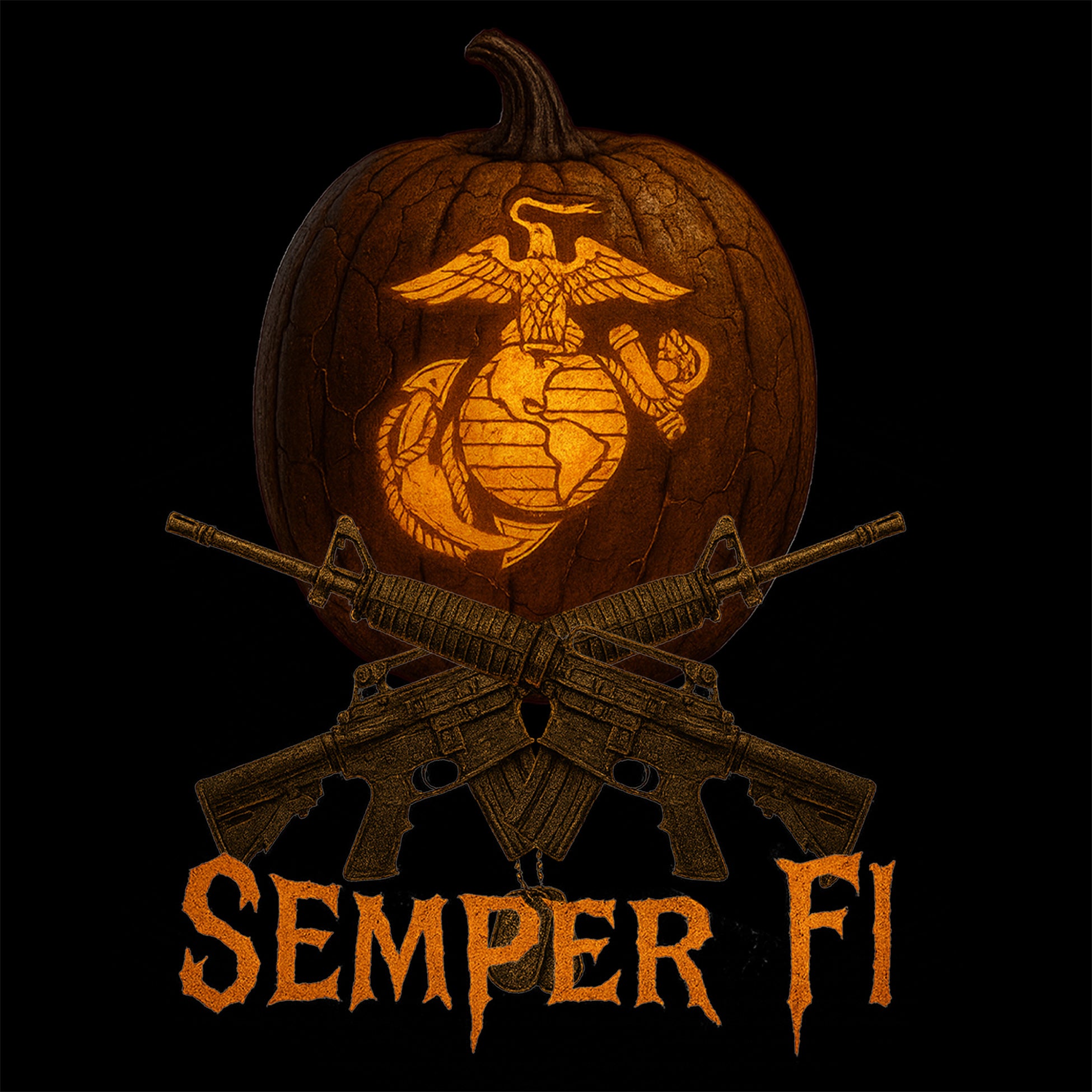 Marines Semper Fi Jack-O’-Lantern Halloween back design of glowing jack-o’-lantern carved with EGA, crossed rifles, and “Semper Fi” text. USMC halloween t-shirt. Marines Halloween Tee