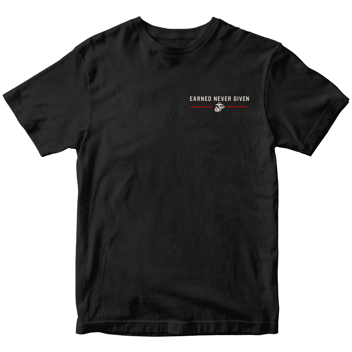 Black USMC Earned Never Given Red Line T-Shirt with left-chest lettering, Eagle, Globe and Anchor, and red accent lines