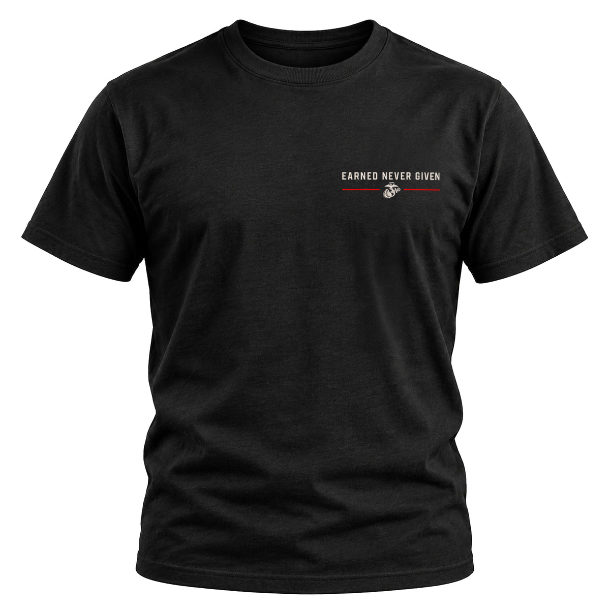 Black USMC Earned Never Given Red Line T-Shirt with left-chest lettering, Eagle, Globe and Anchor, and red accent lines