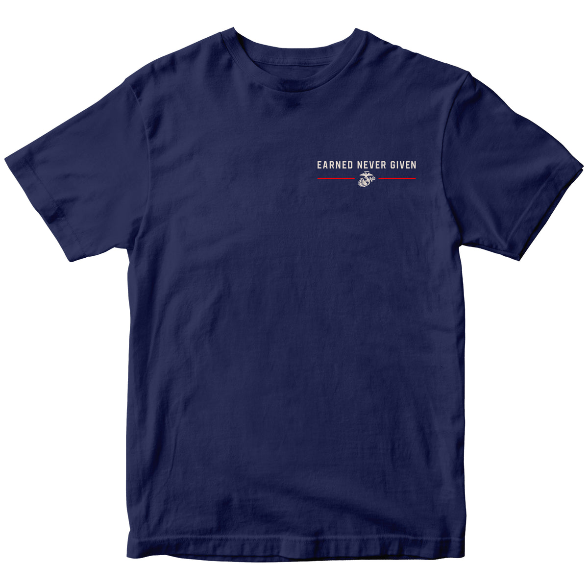 Navy Blue USMC Earned Never Given Red Line T-Shirt with left-chest lettering, Eagle, Globe and Anchor, and red accent lines