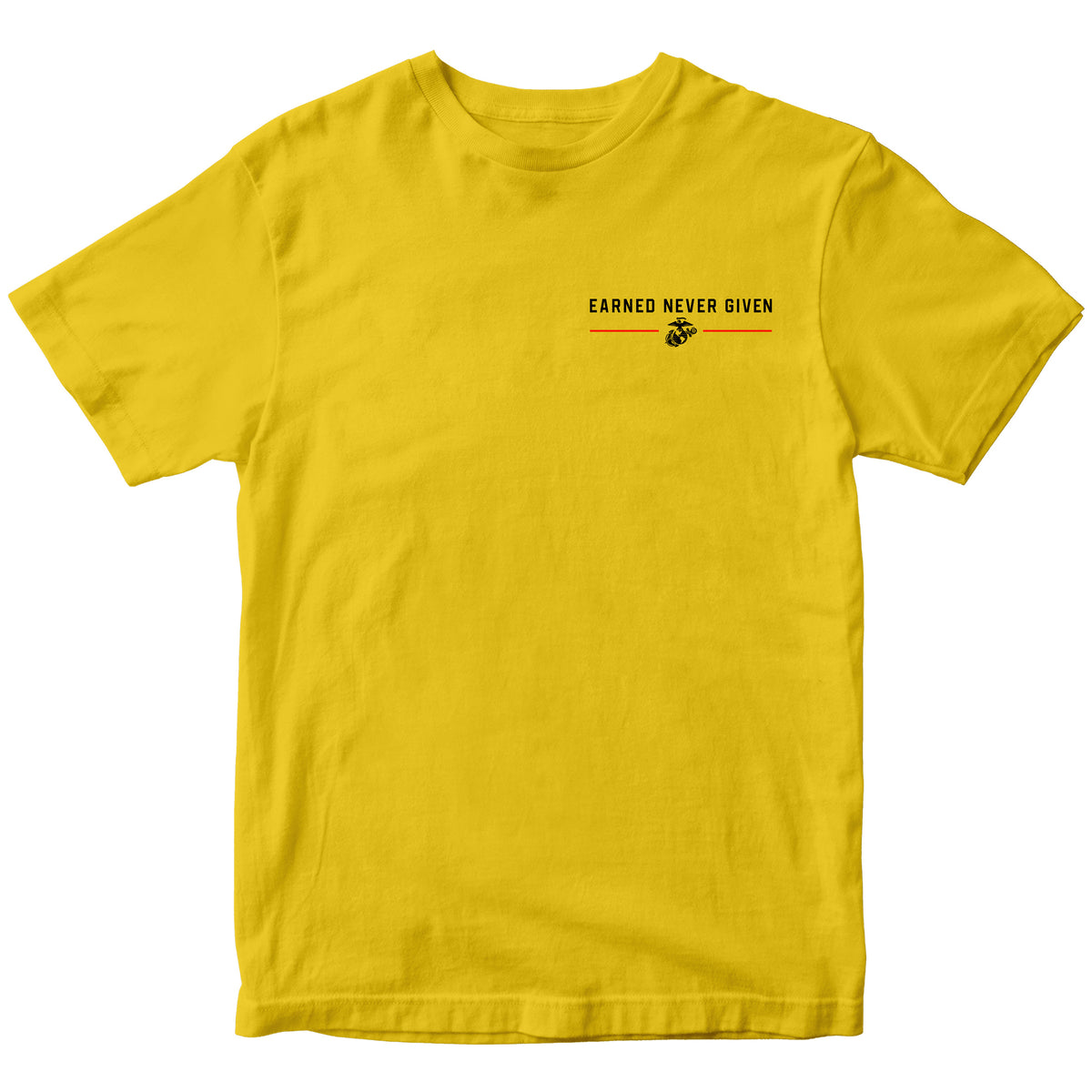 Gold USMC Earned Never Given Red Line T-Shirt with left-chest lettering, Eagle, Globe and Anchor, and red accent lines