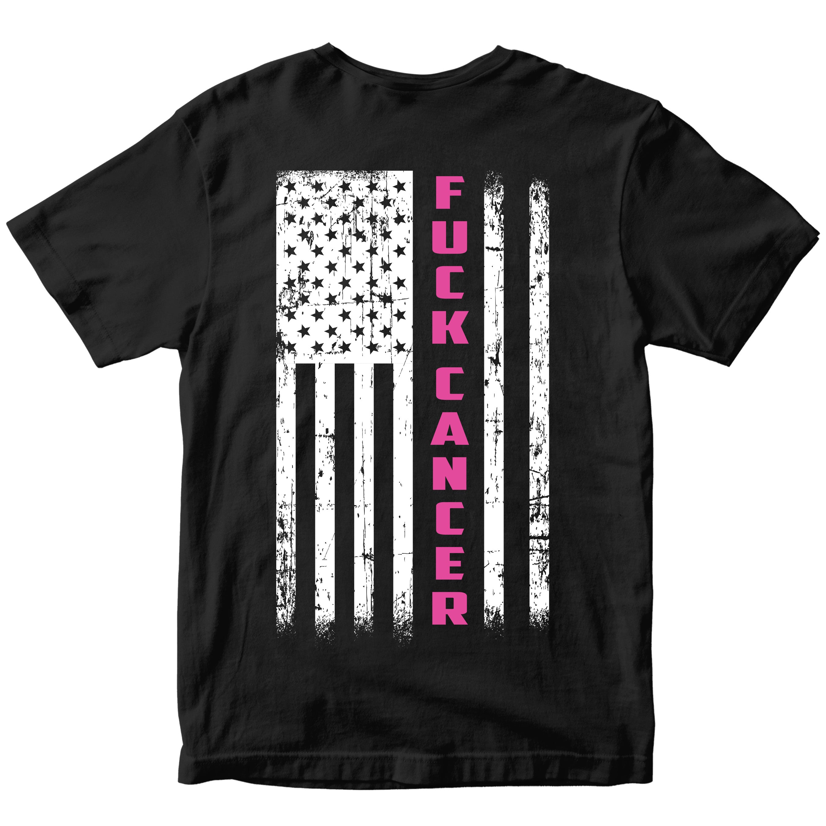 Black F Cancer Awareness T-Shirt. Patriotic Pink Cancer Flag Tee