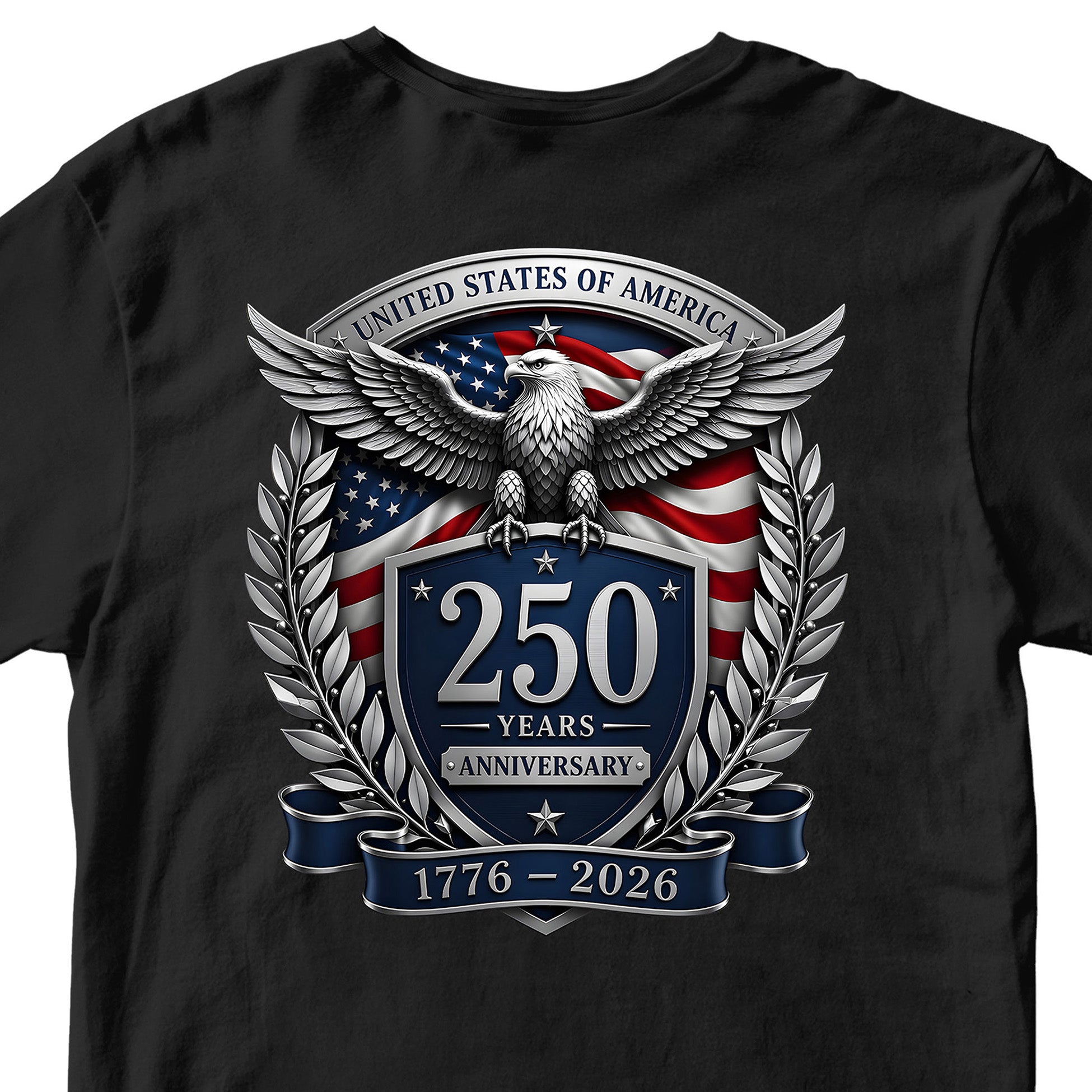 USA 250 years anniversary T-shirt with freedom eagle design and American flag back print. America's 250th birthday tee. USA 250 Years patriotic Black T-shirt.